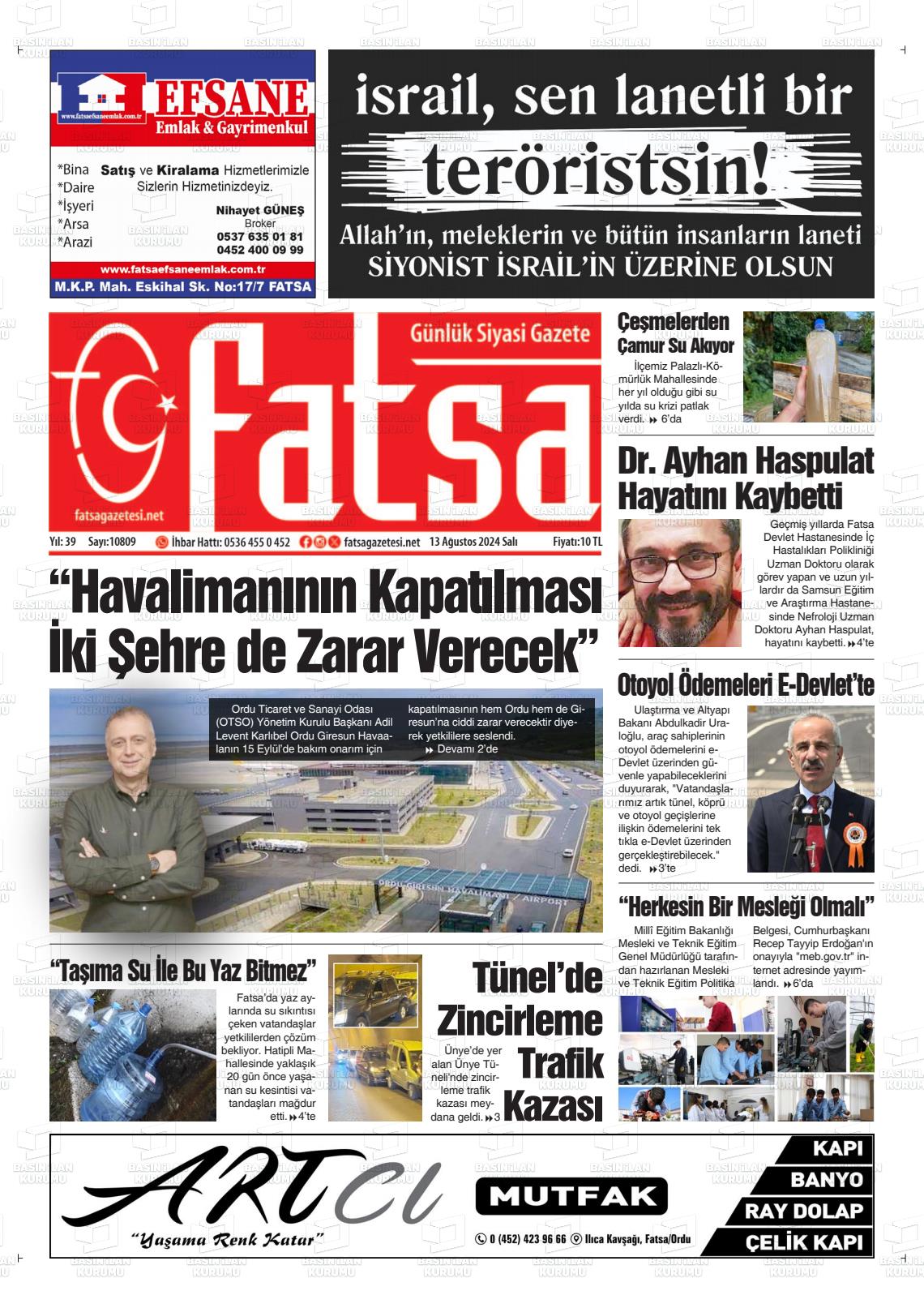 13 Ağustos 2024 Fatsa Gazete Manşeti