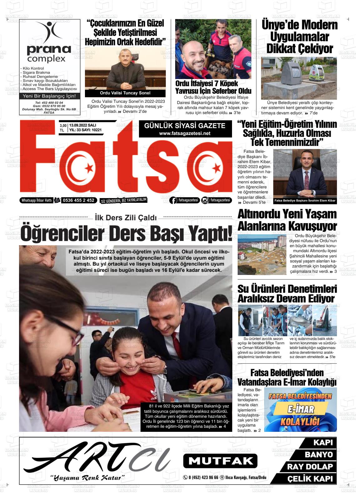 13 Eylül 2022 Fatsa Gazete Manşeti