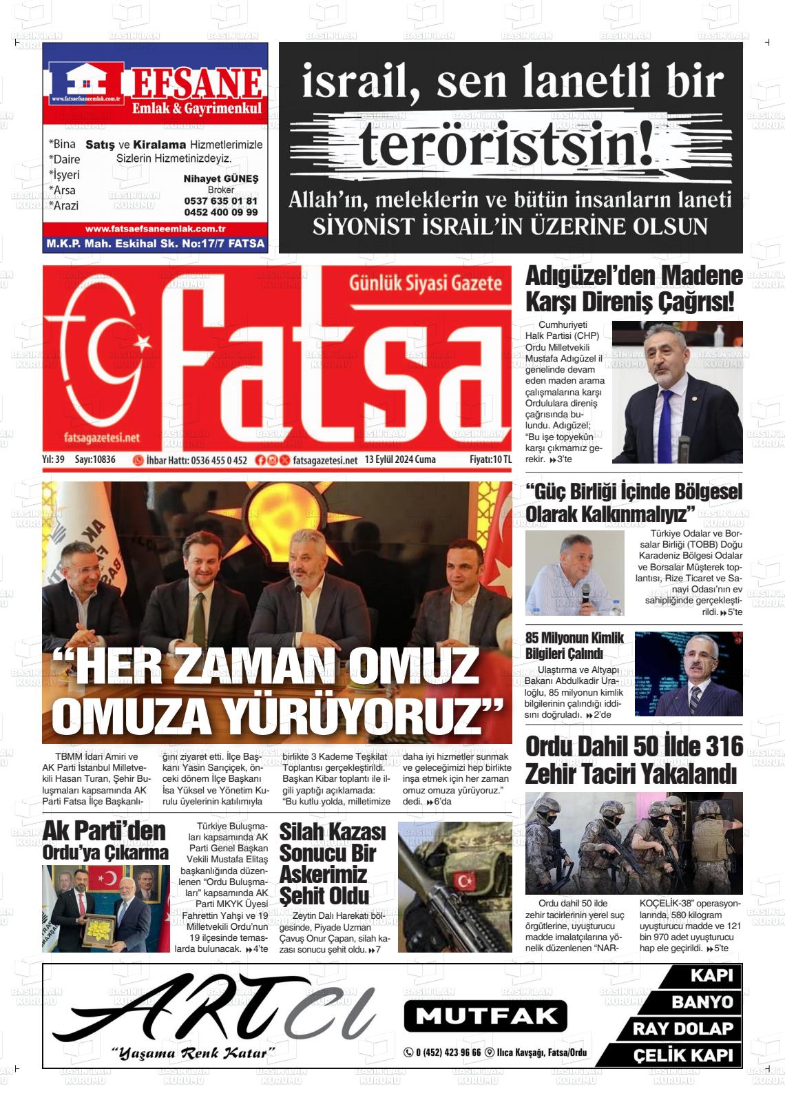 13 Eylül 2024 Fatsa Gazete Manşeti