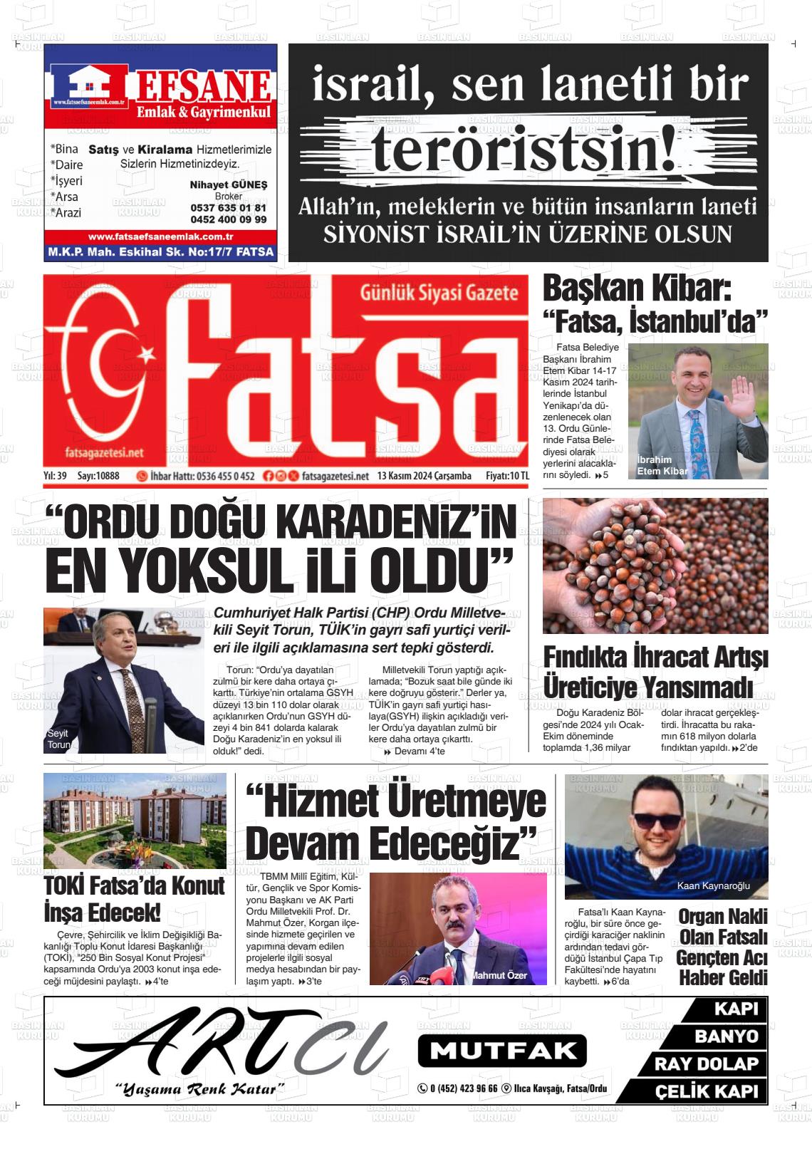 13 Kasım 2024 Fatsa Gazete Manşeti