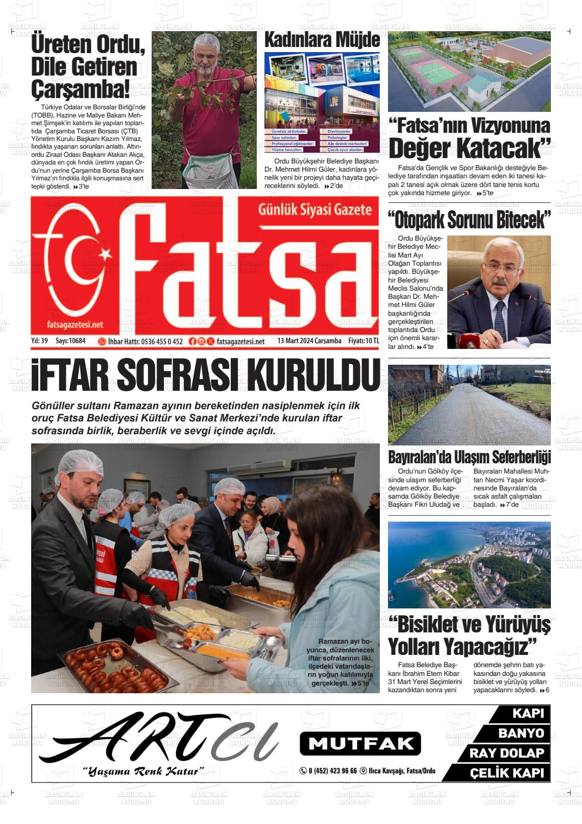 13 Mart 2024 Fatsa Gazete Manşeti