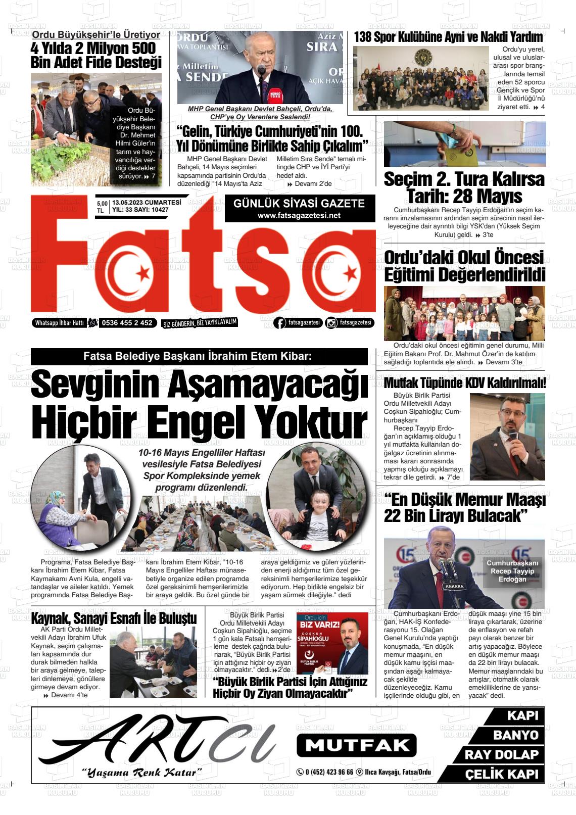 13 Mayıs 2023 Fatsa Gazete Manşeti