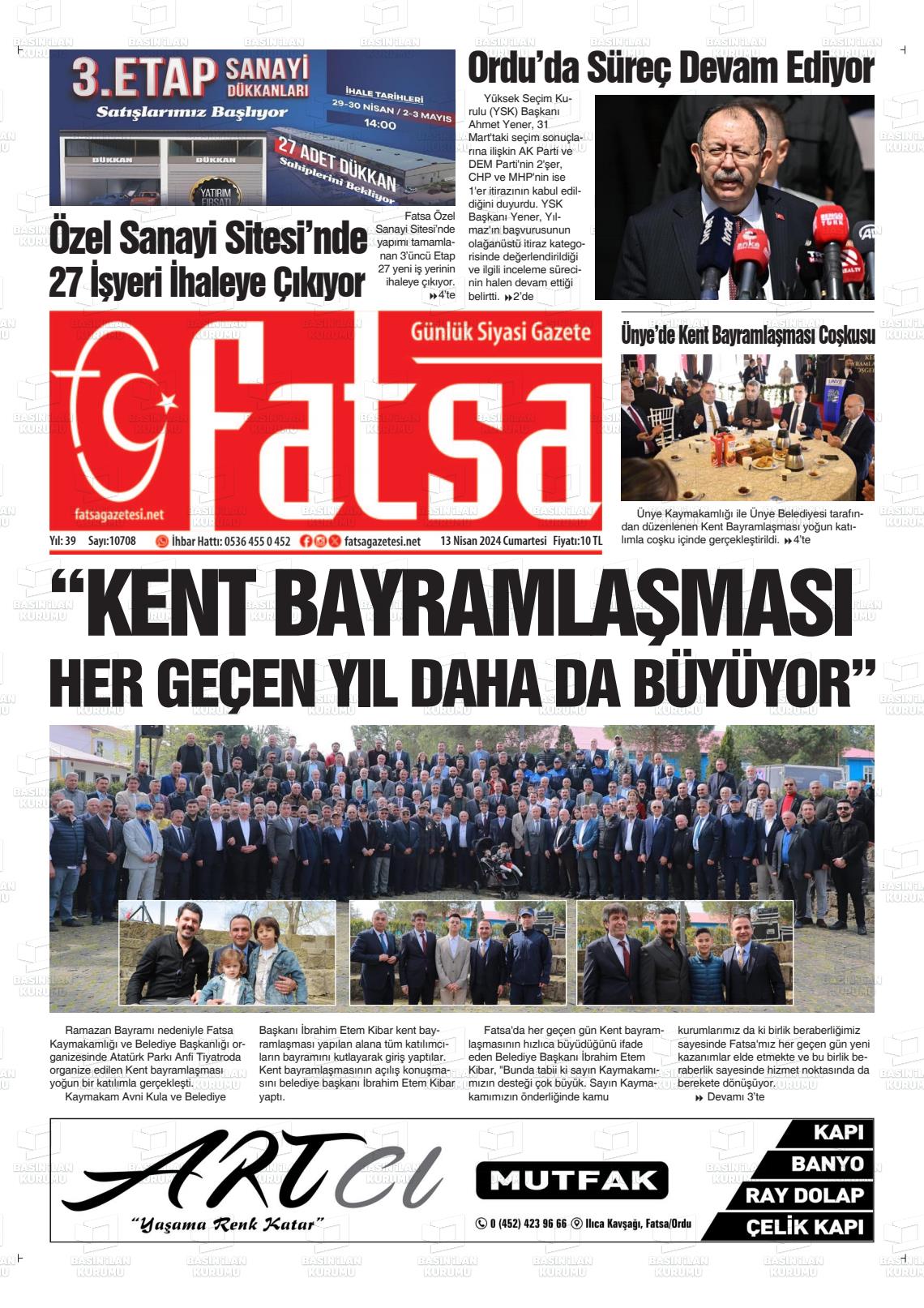 13 Nisan 2024 Fatsa Gazete Manşeti