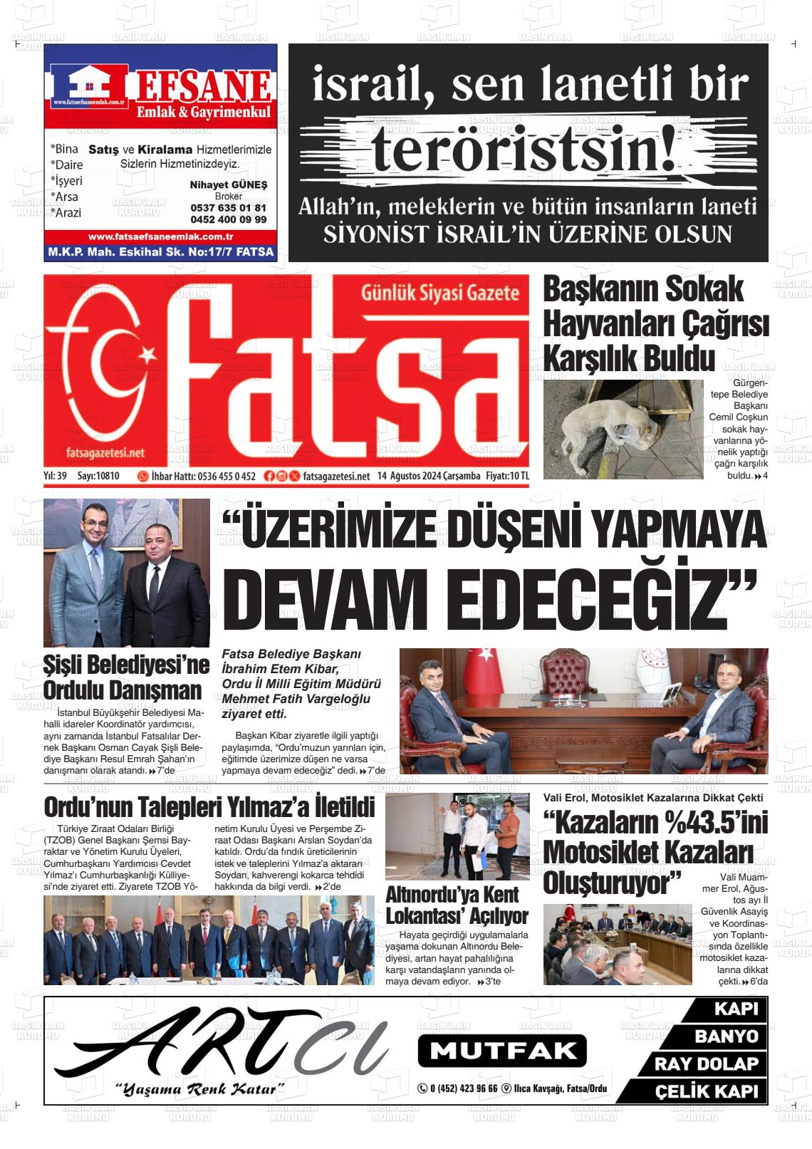 14 Ağustos 2024 Fatsa Gazete Manşeti