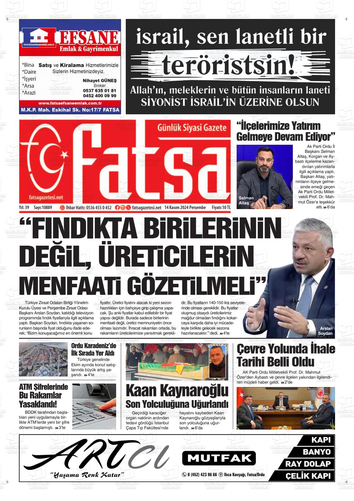 14 Kasım 2024 Fatsa Gazete Manşeti