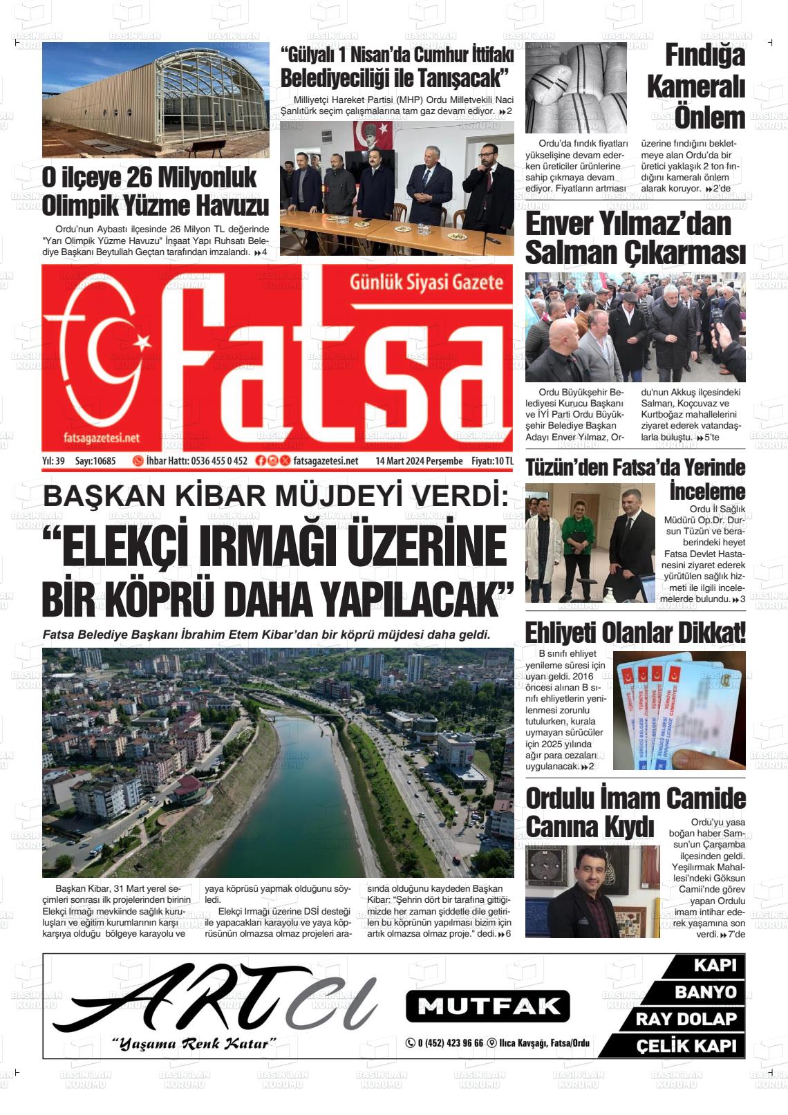 14 Mart 2024 Fatsa Gazete Manşeti