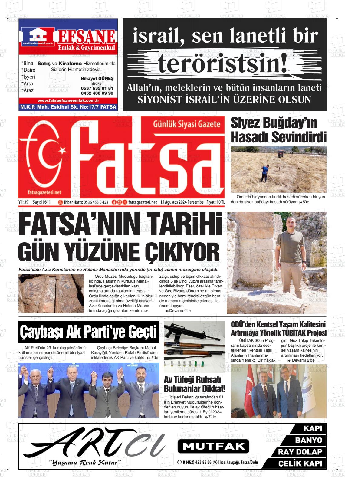 15 Ağustos 2024 Fatsa Gazete Manşeti