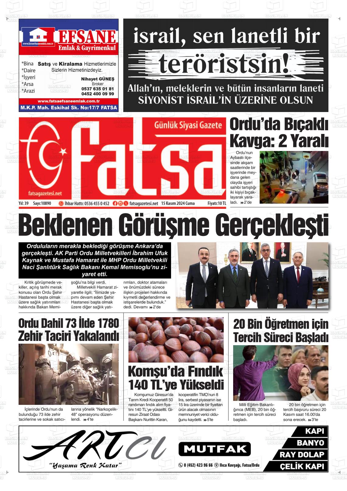 15 Kasım 2024 Fatsa Gazete Manşeti