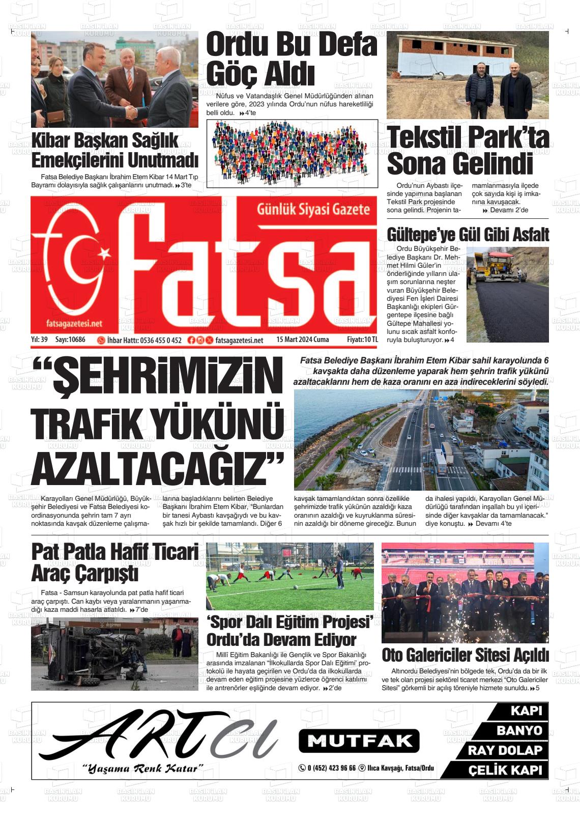 15 Mart 2024 Fatsa Gazete Manşeti