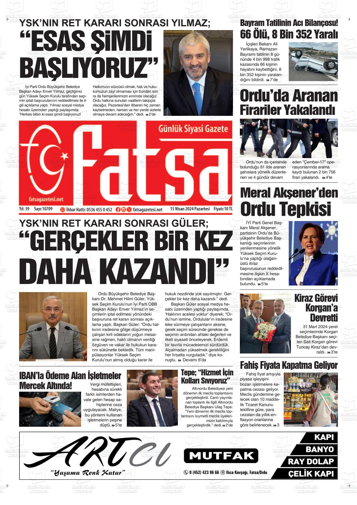 15 Nisan 2024 Fatsa Gazete Manşeti