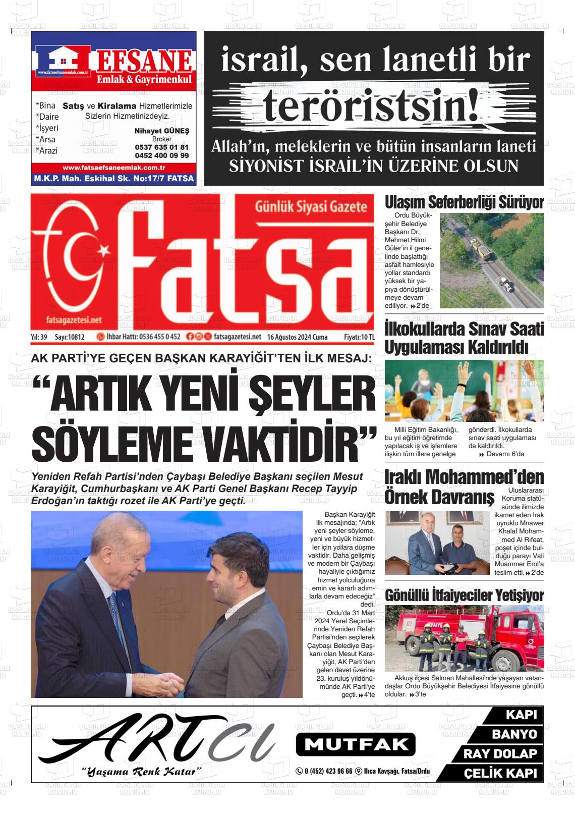 16 Ağustos 2024 Fatsa Gazete Manşeti