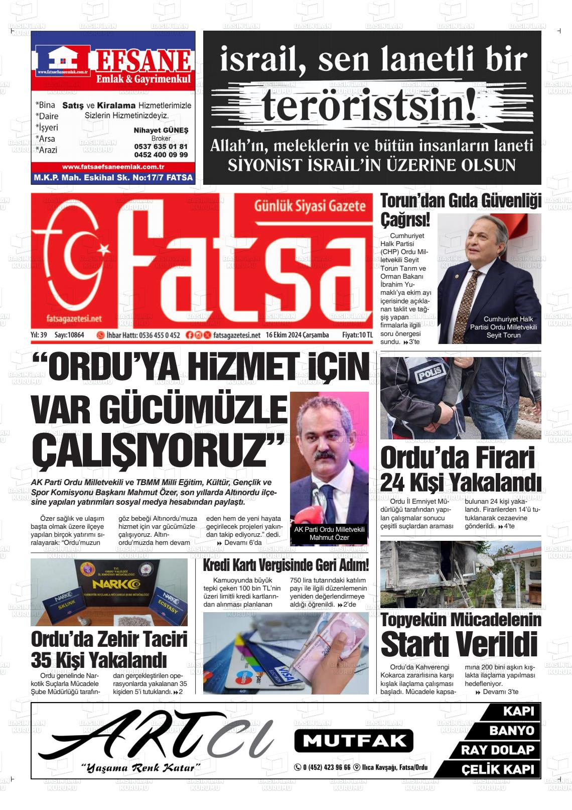 16 Ekim 2024 Fatsa Gazete Manşeti