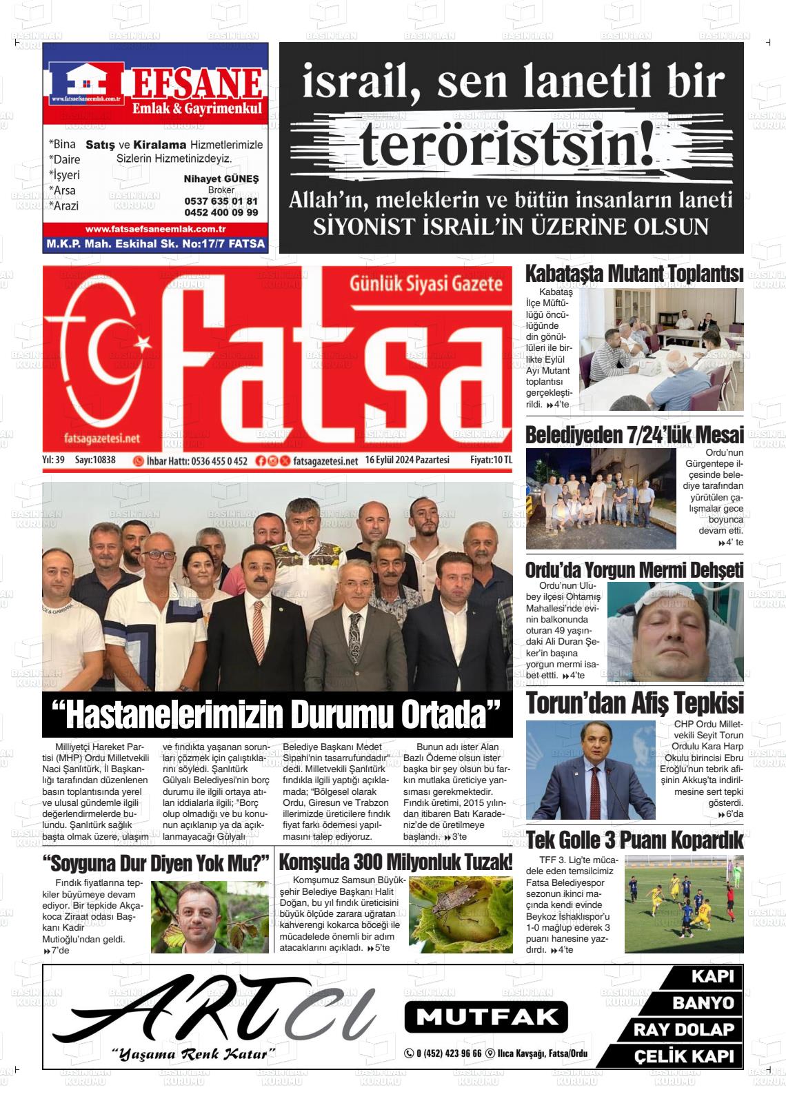 16 Eylül 2024 Fatsa Gazete Manşeti