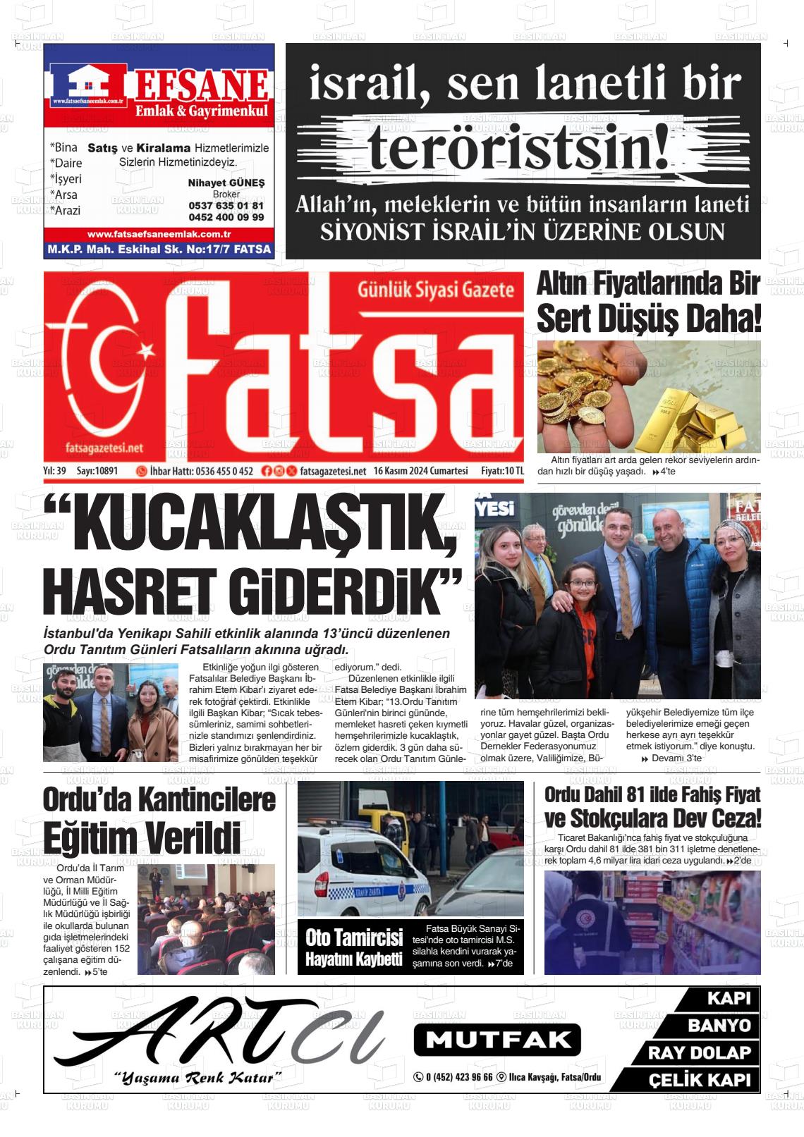 16 Kasım 2024 Fatsa Gazete Manşeti