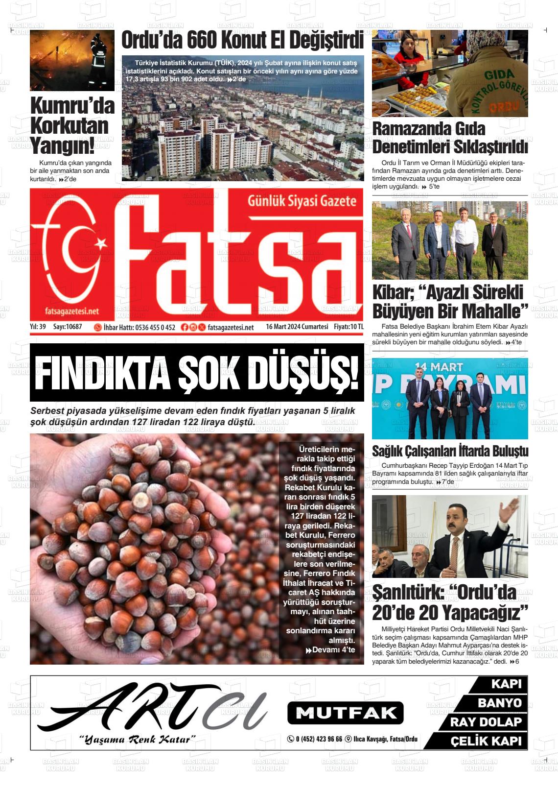 16 Mart 2024 Fatsa Gazete Manşeti