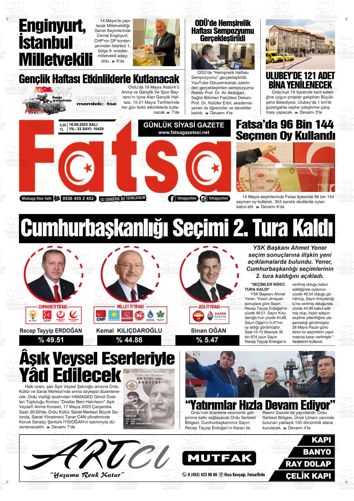 16 Mayıs 2023 Fatsa Gazete Manşeti