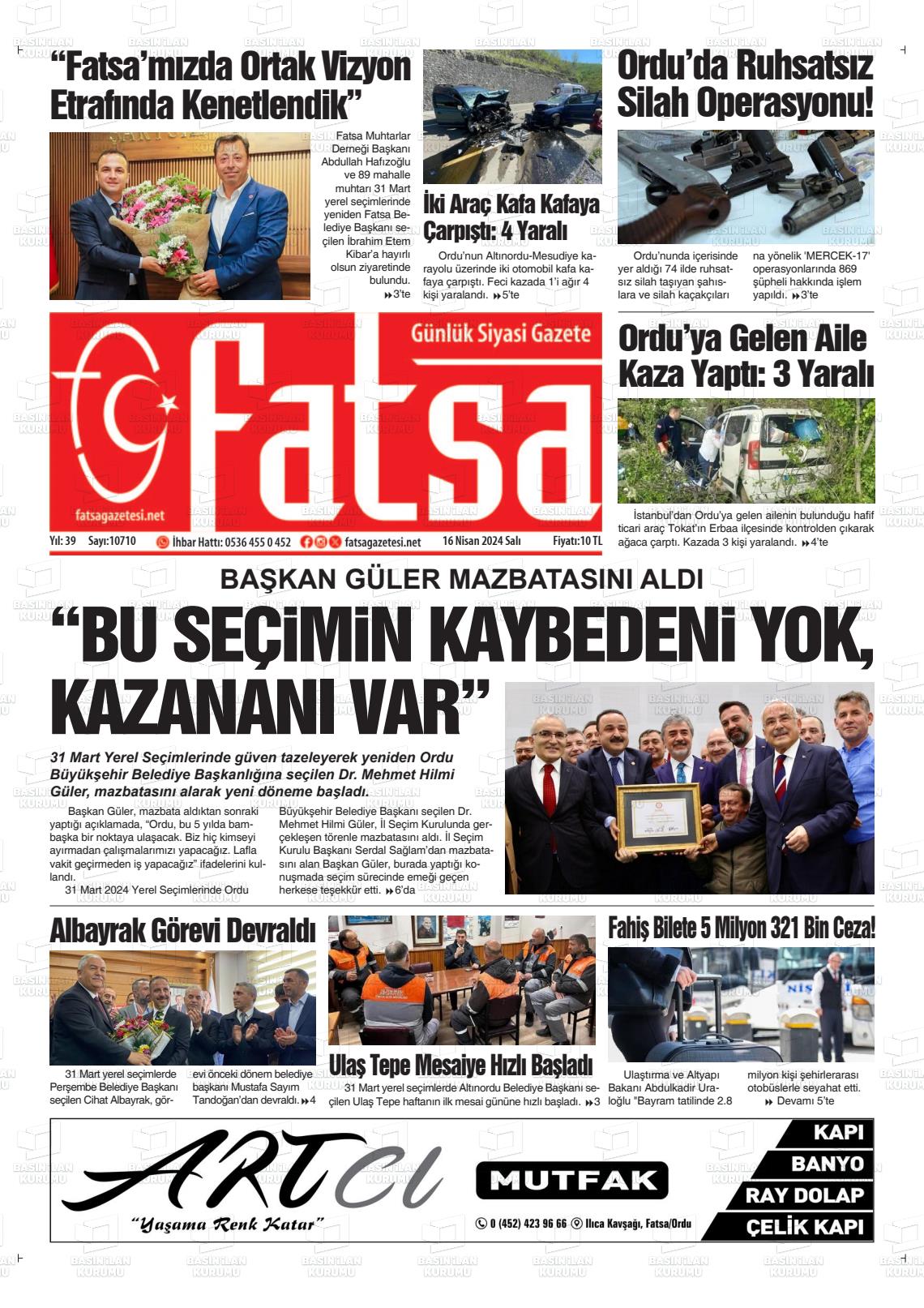 16 Nisan 2024 Fatsa Gazete Manşeti