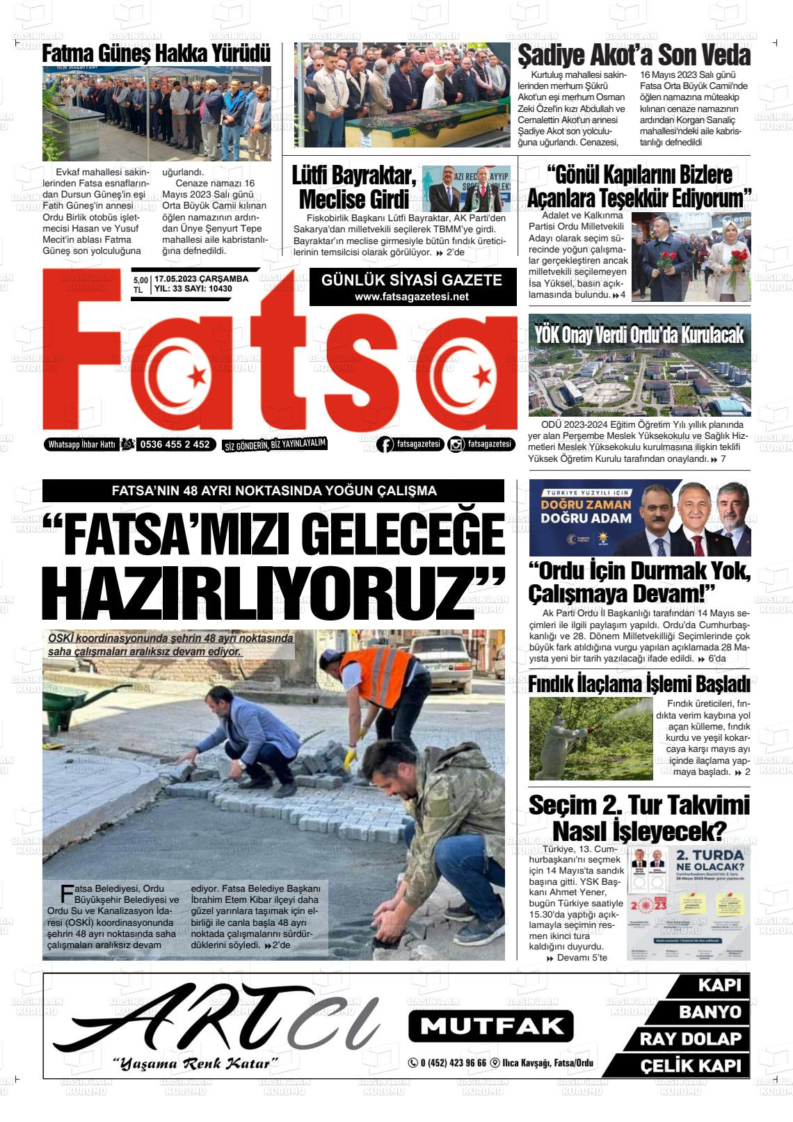 17 Mayıs 2023 Fatsa Gazete Manşeti