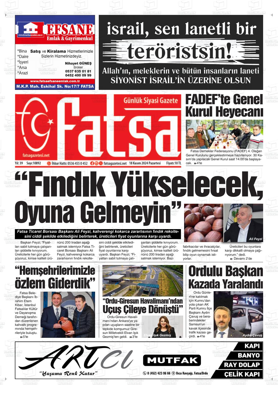 18 Kasım 2024 Fatsa Gazete Manşeti