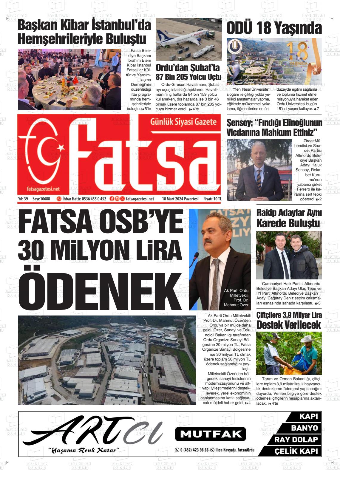 18 Mart 2024 Fatsa Gazete Manşeti