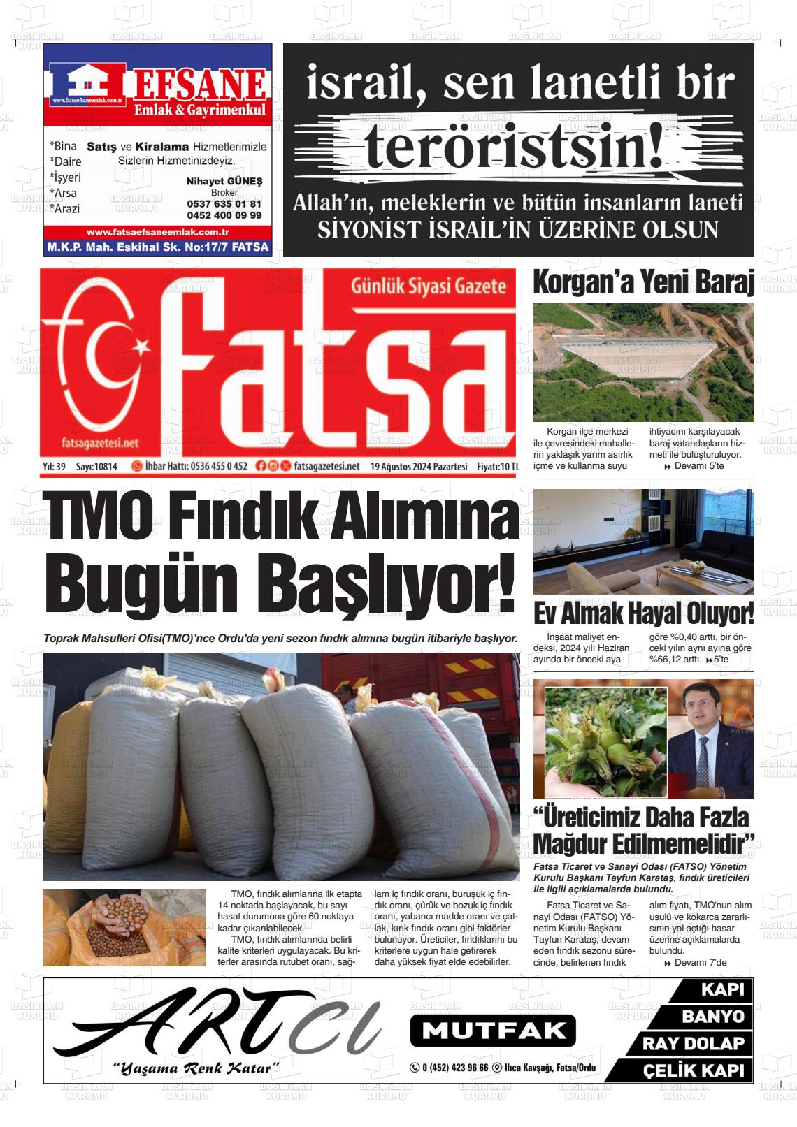 19 Ağustos 2024 Fatsa Gazete Manşeti