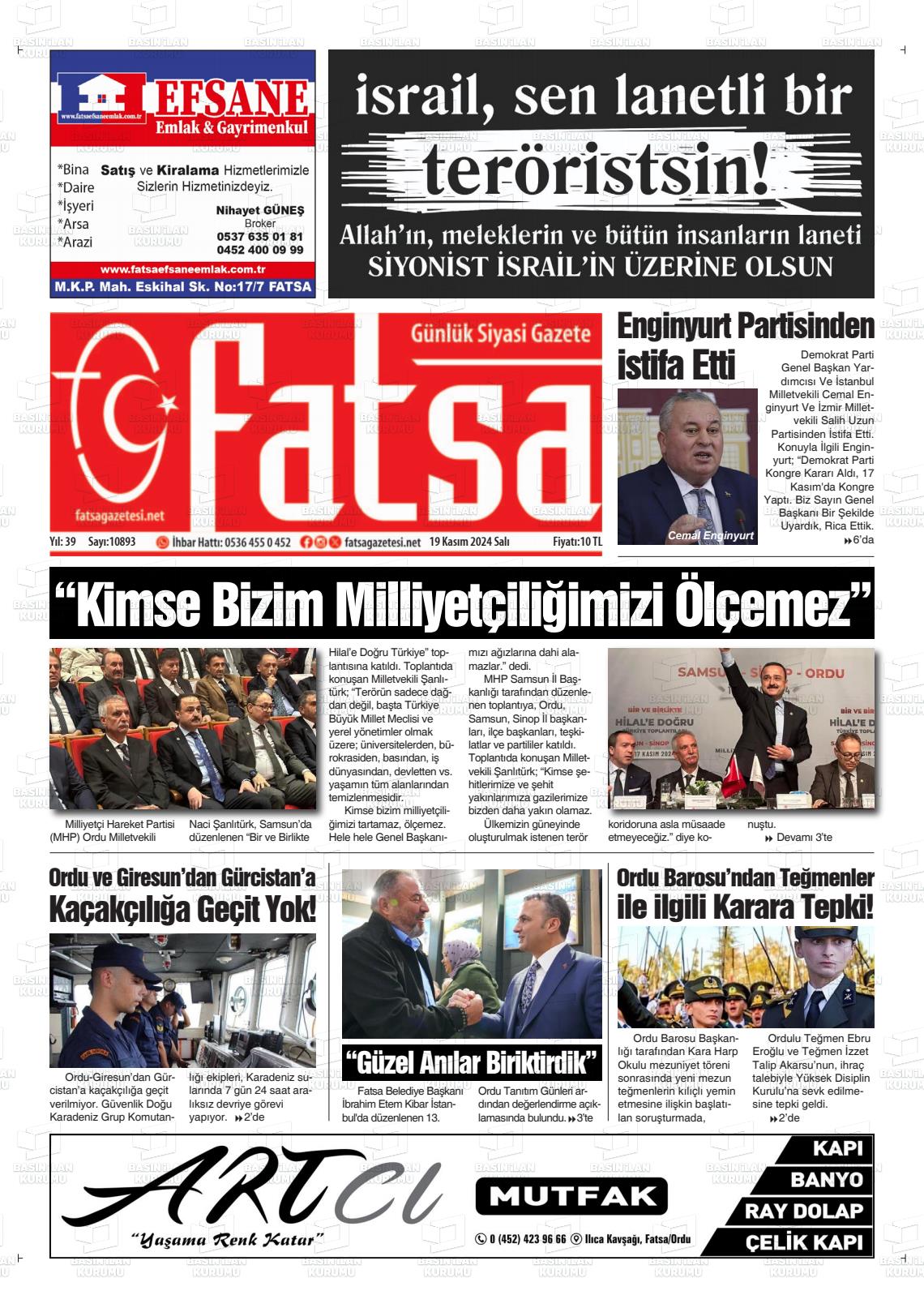 19 Kasım 2024 Fatsa Gazete Manşeti