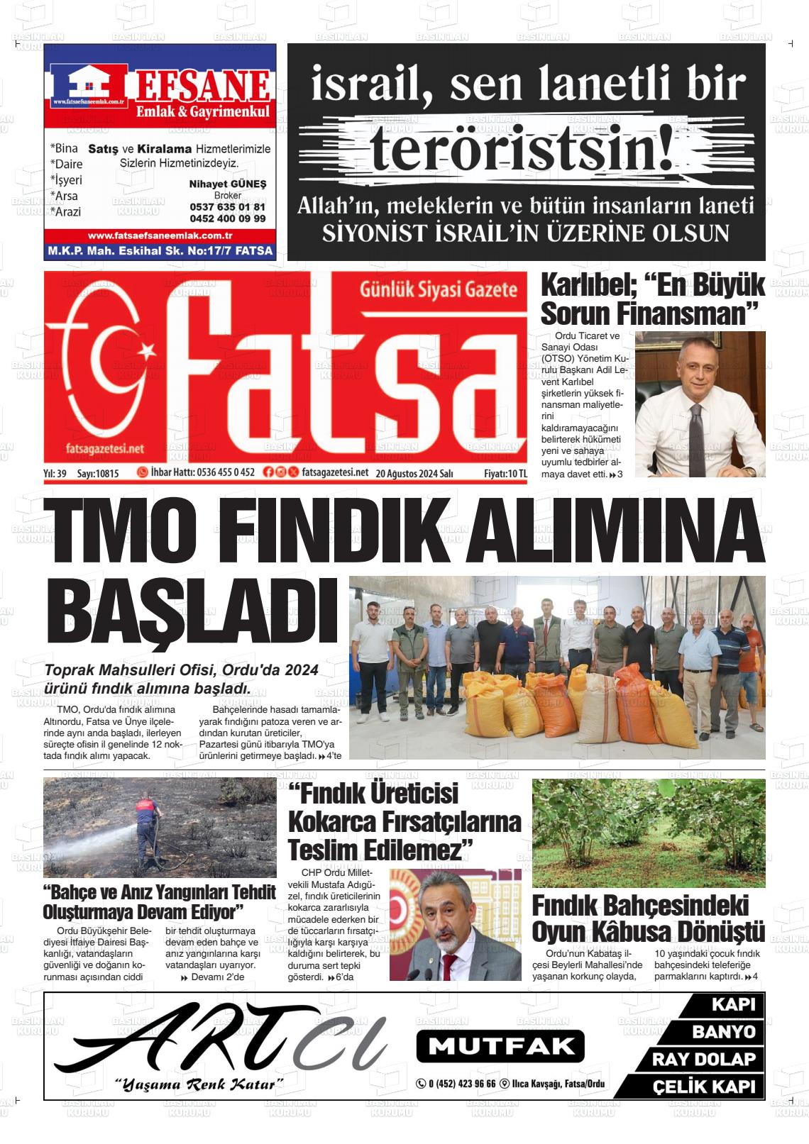 20 Ağustos 2024 Fatsa Gazete Manşeti