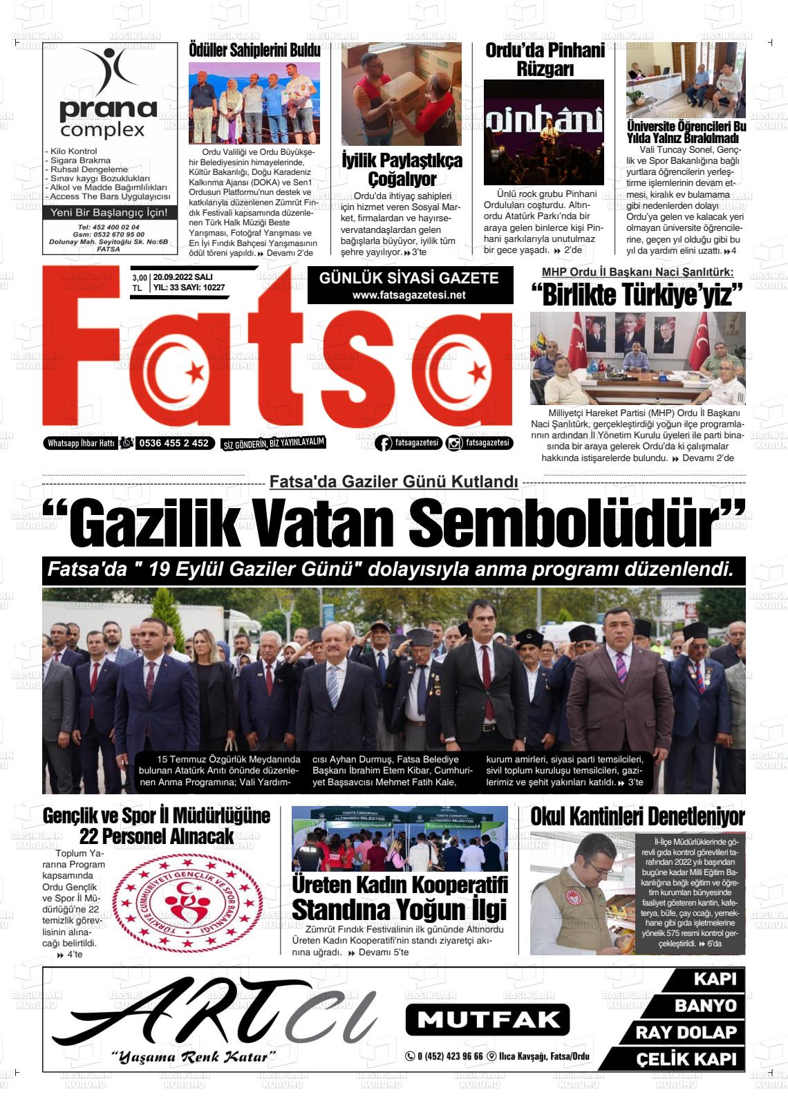 20 Eylül 2022 Fatsa Gazete Manşeti