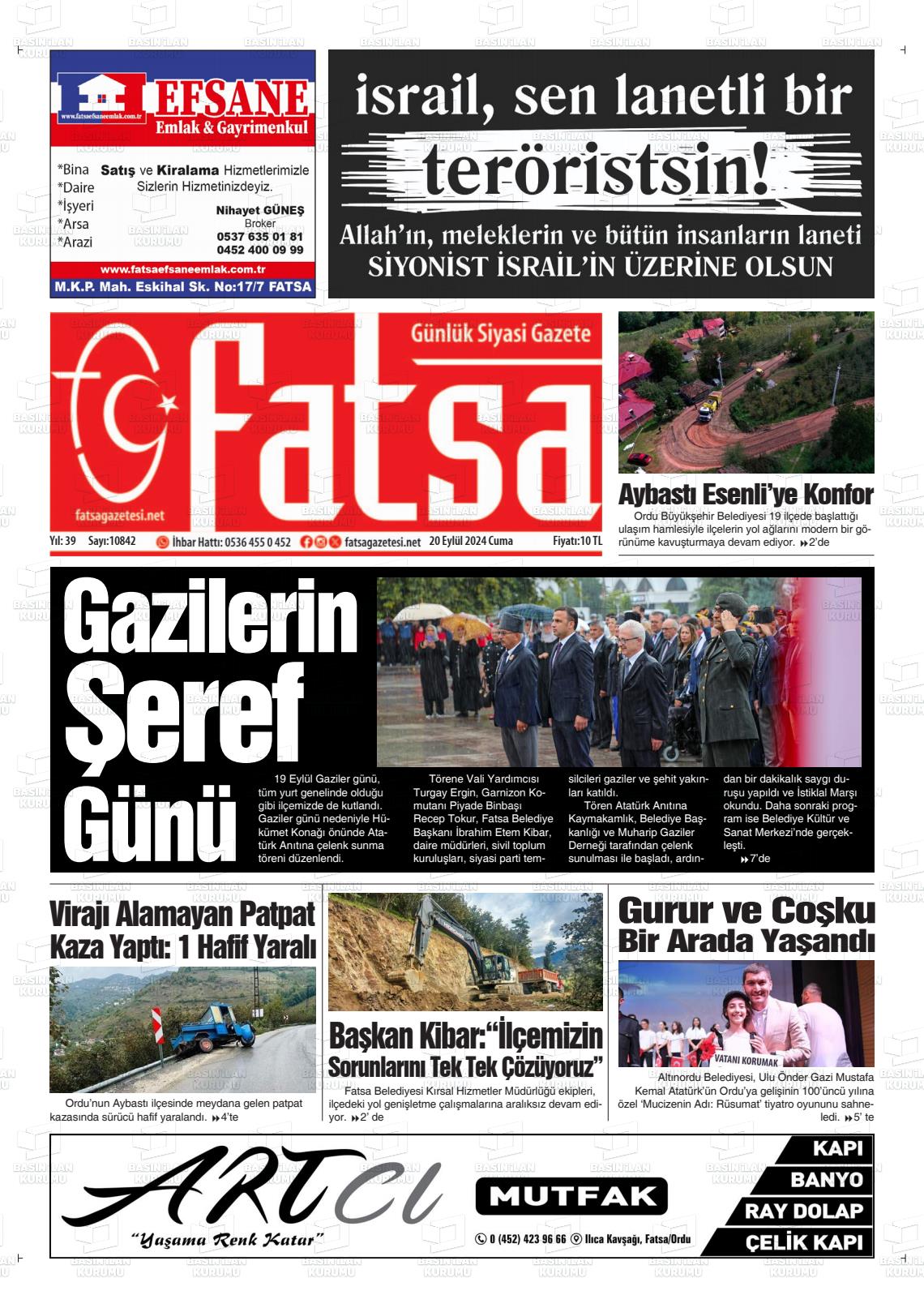 20 Eylül 2024 Fatsa Gazete Manşeti