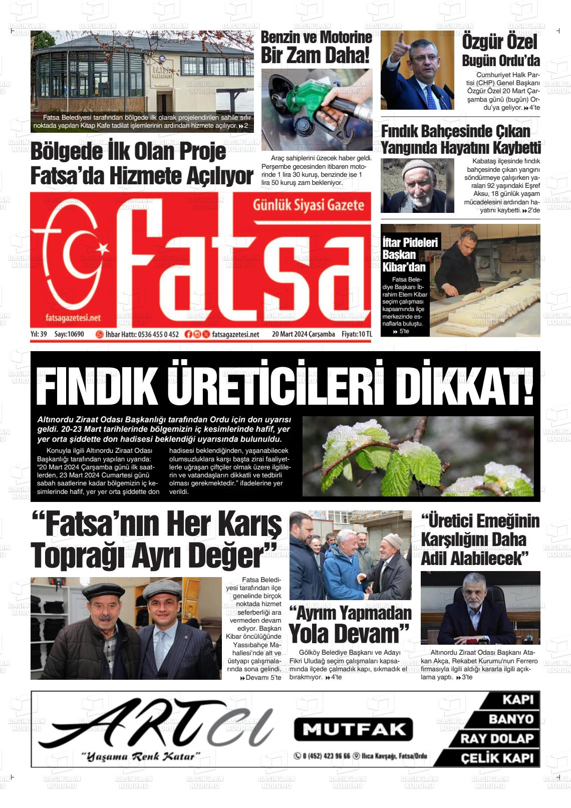 20 Mart 2024 Fatsa Gazete Manşeti