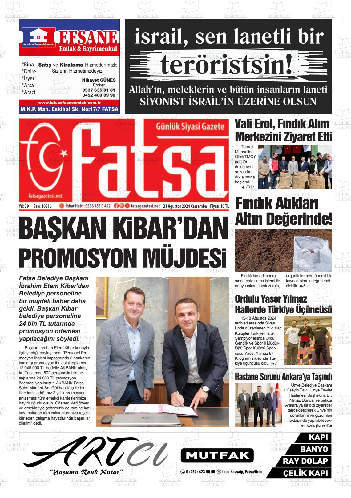 21 Ağustos 2024 Fatsa Gazete Manşeti