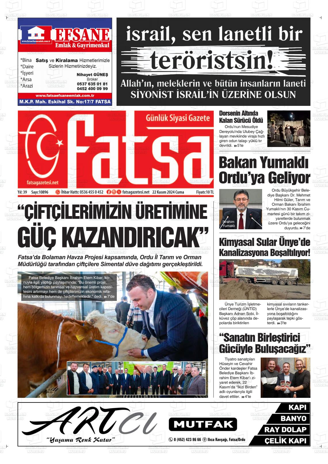 22 Kasım 2024 Fatsa Gazete Manşeti