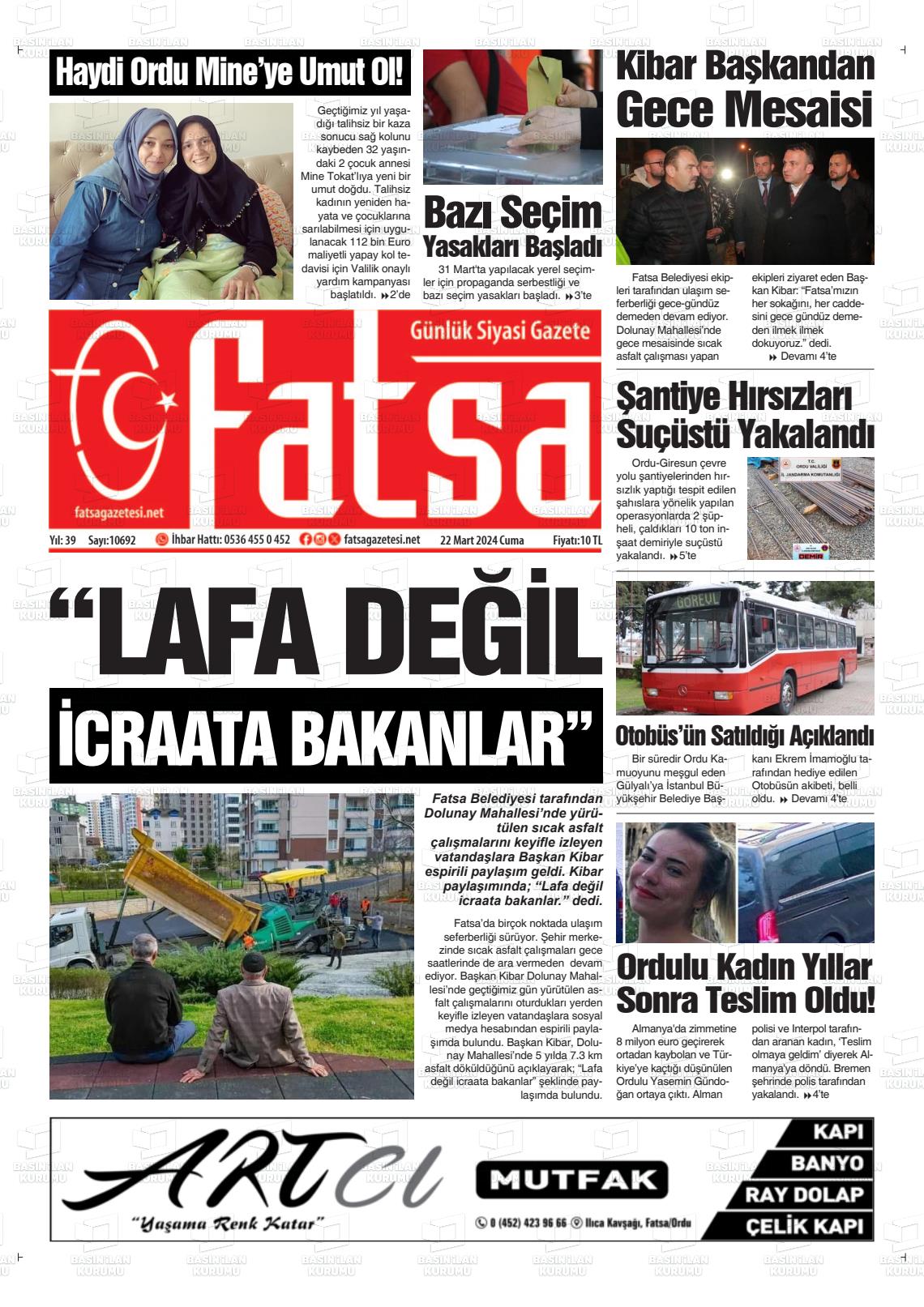 22 Mart 2024 Fatsa Gazete Manşeti