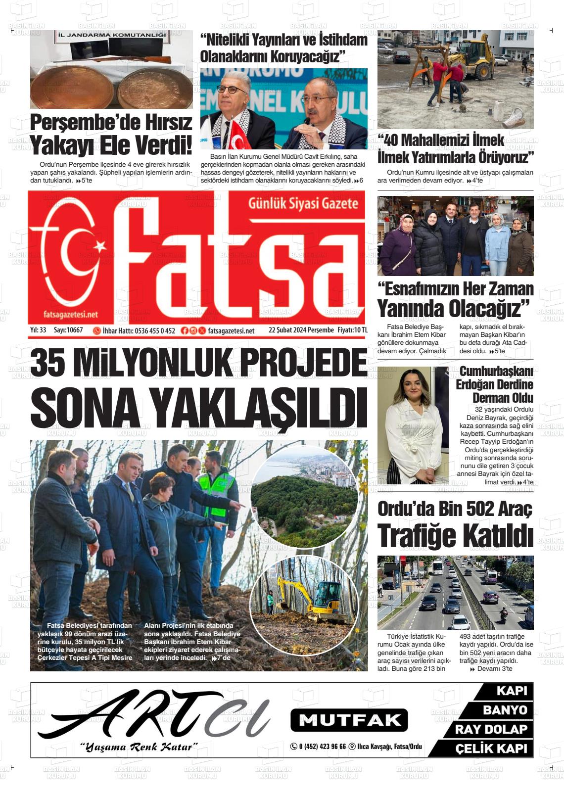 22 Şubat 2024 Fatsa Gazete Manşeti