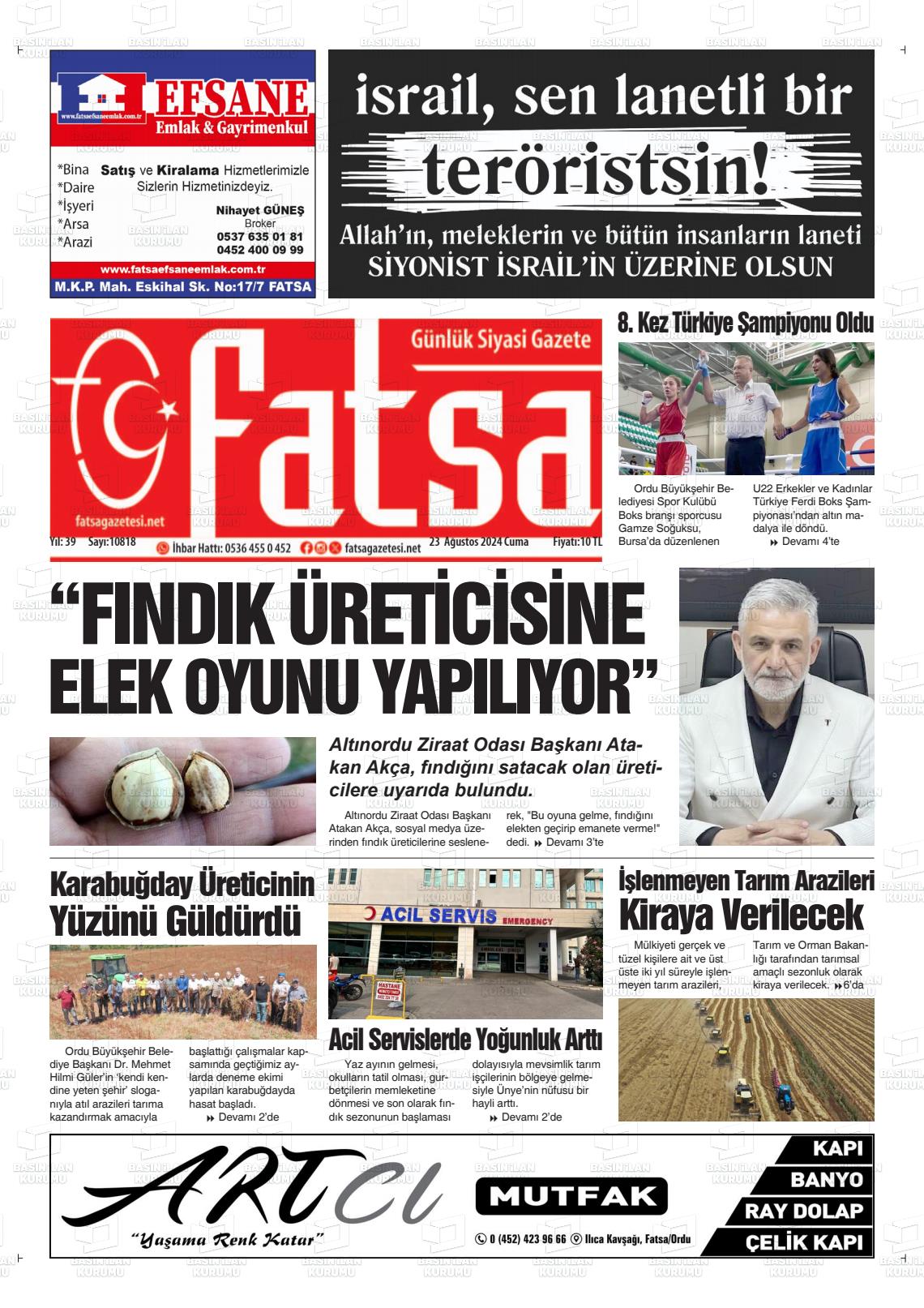 23 Ağustos 2024 Fatsa Gazete Manşeti