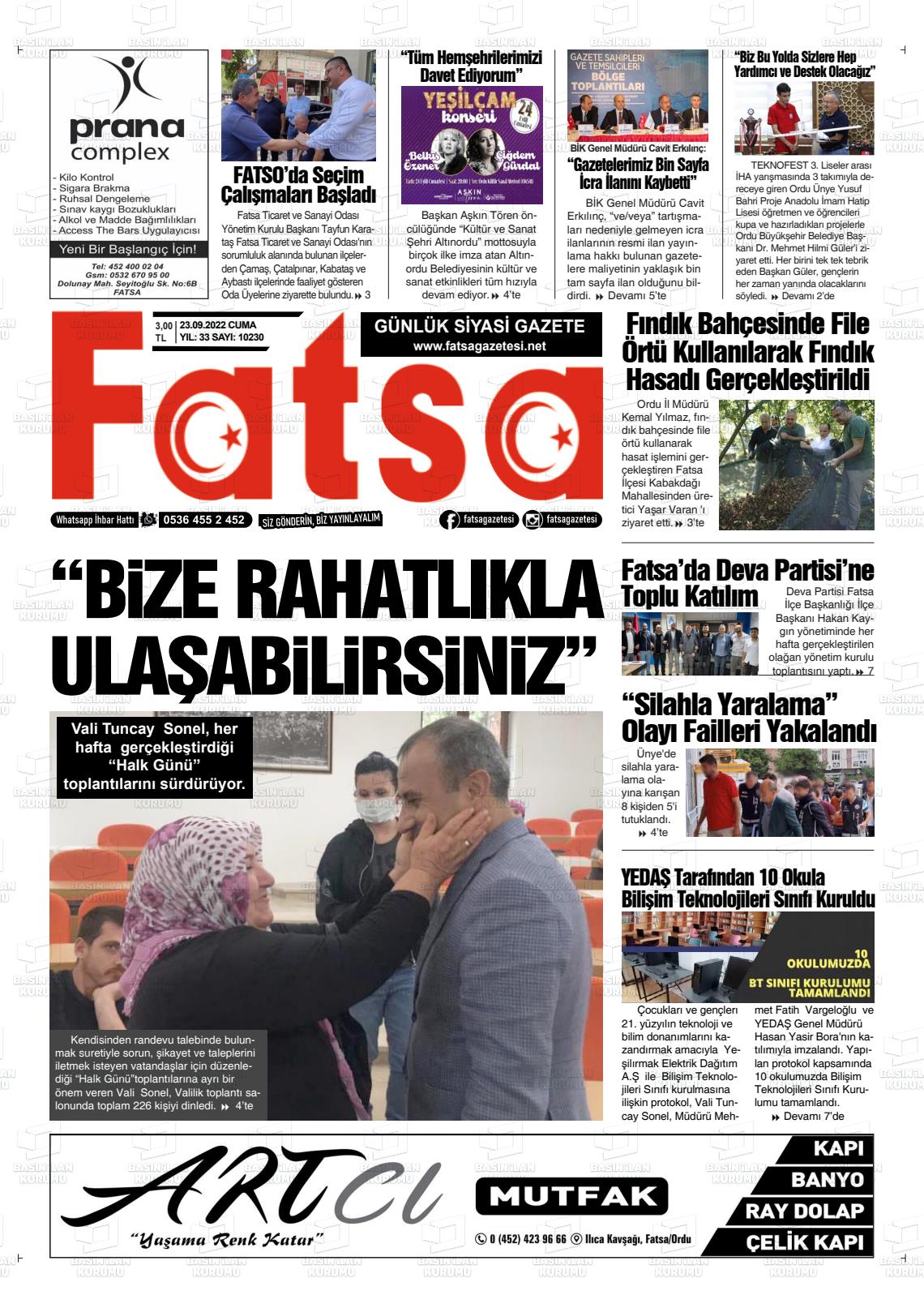 23 Eylül 2022 Fatsa Gazete Manşeti