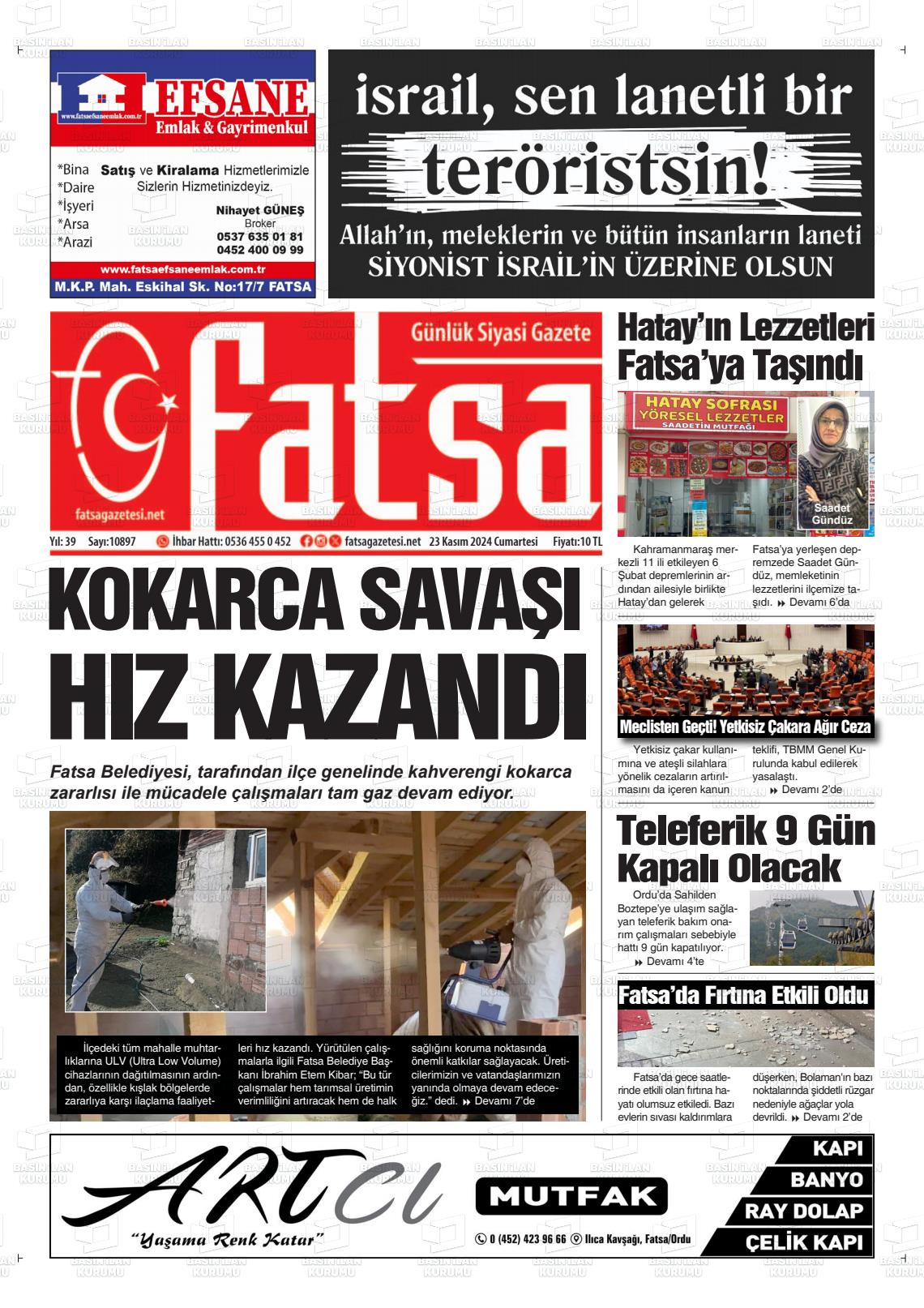 23 Kasım 2024 Fatsa Gazete Manşeti