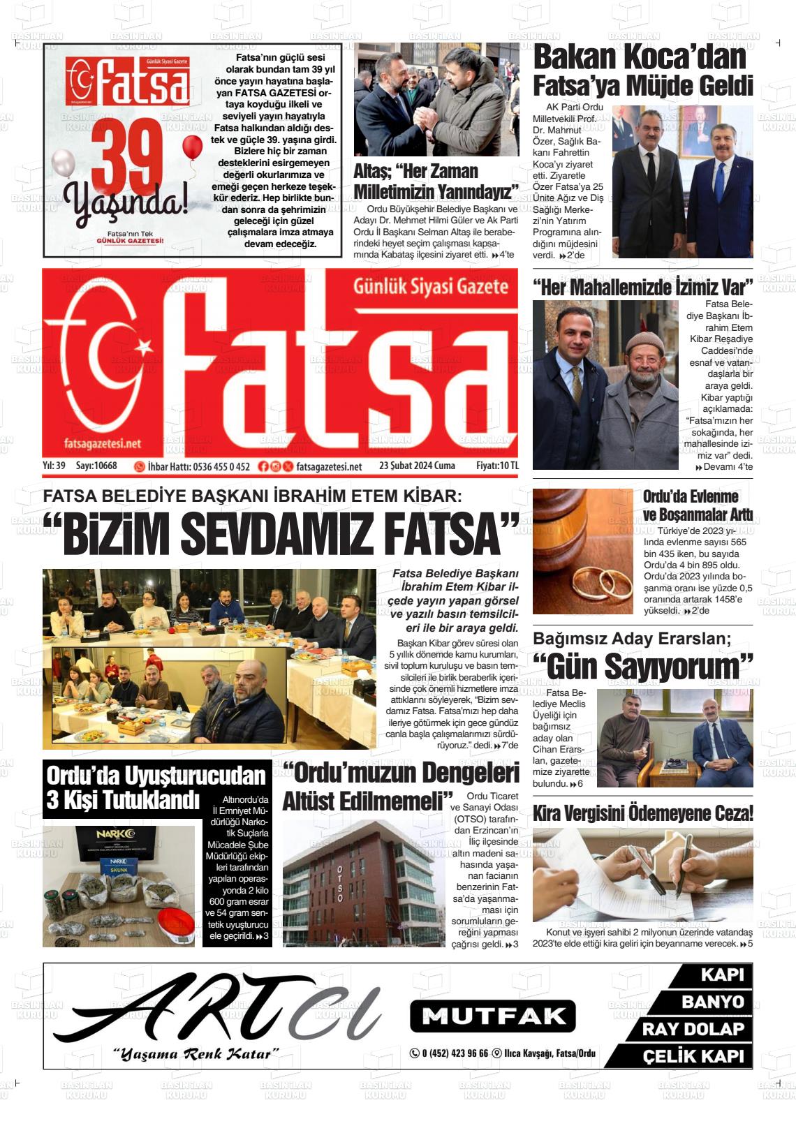 23 Şubat 2024 Fatsa Gazete Manşeti