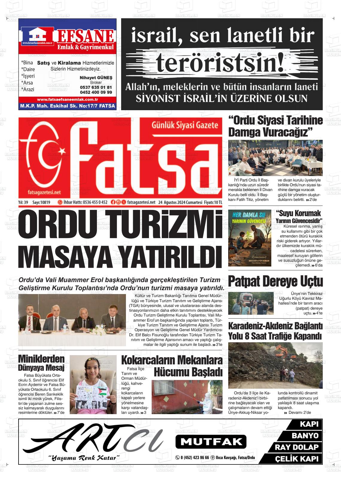 24 Ağustos 2024 Fatsa Gazete Manşeti