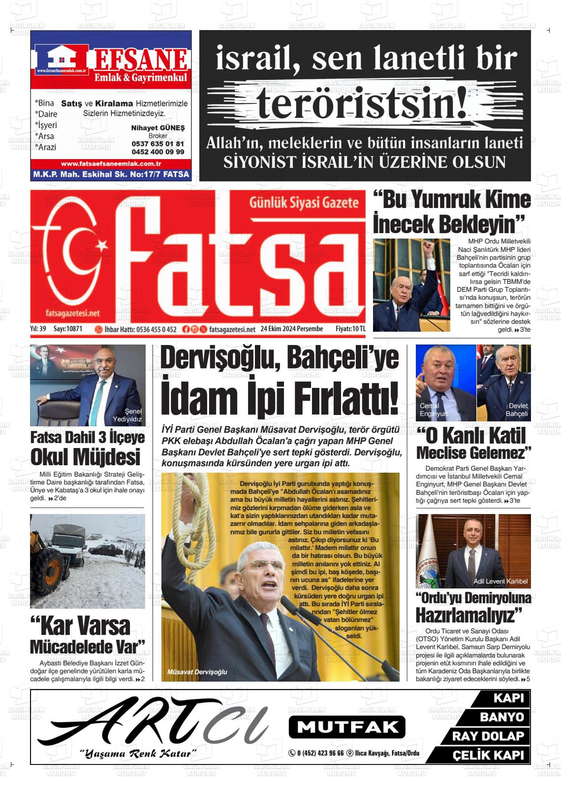 24 Ekim 2024 Fatsa Gazete Manşeti