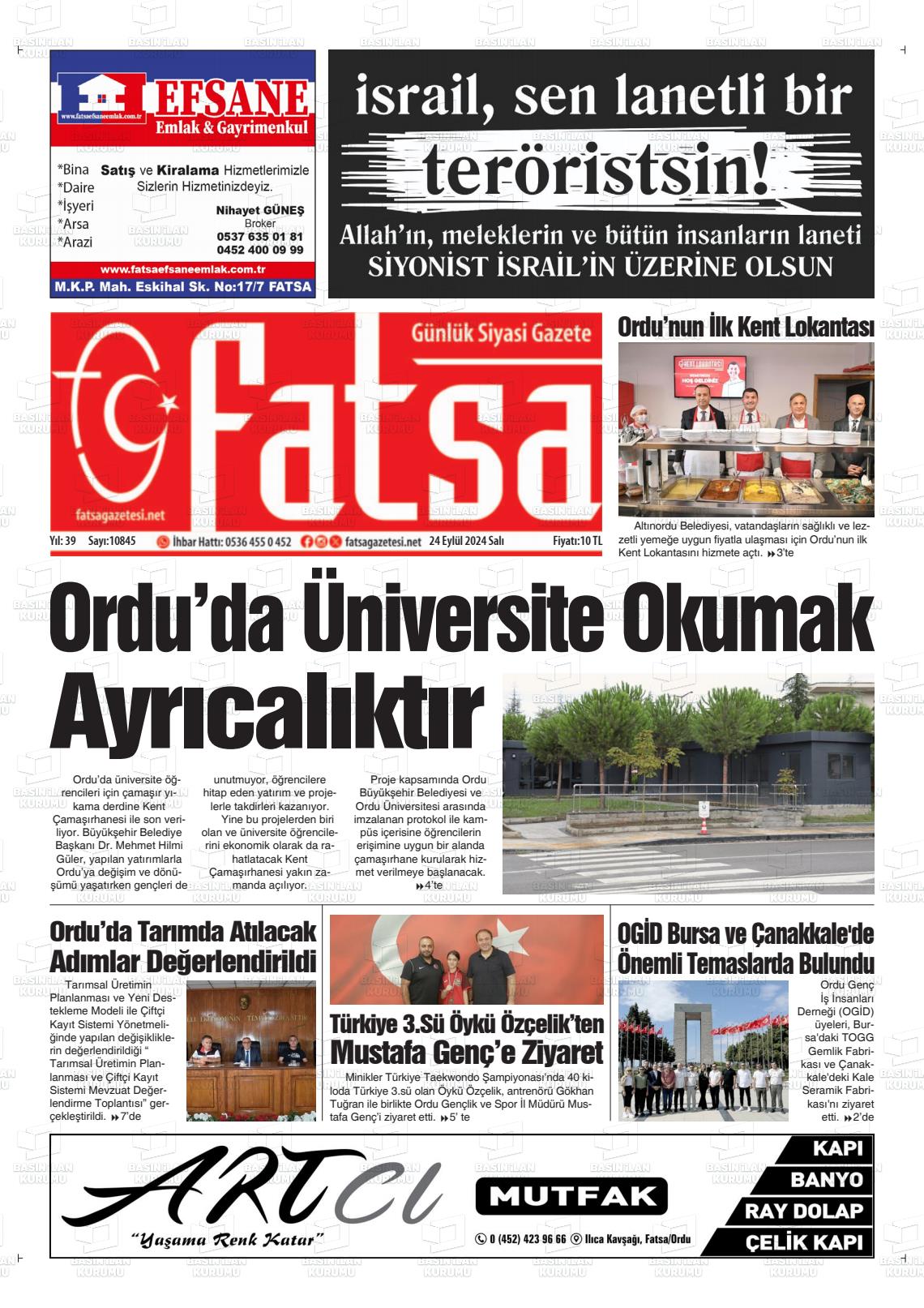 24 Eylül 2024 Fatsa Gazete Manşeti