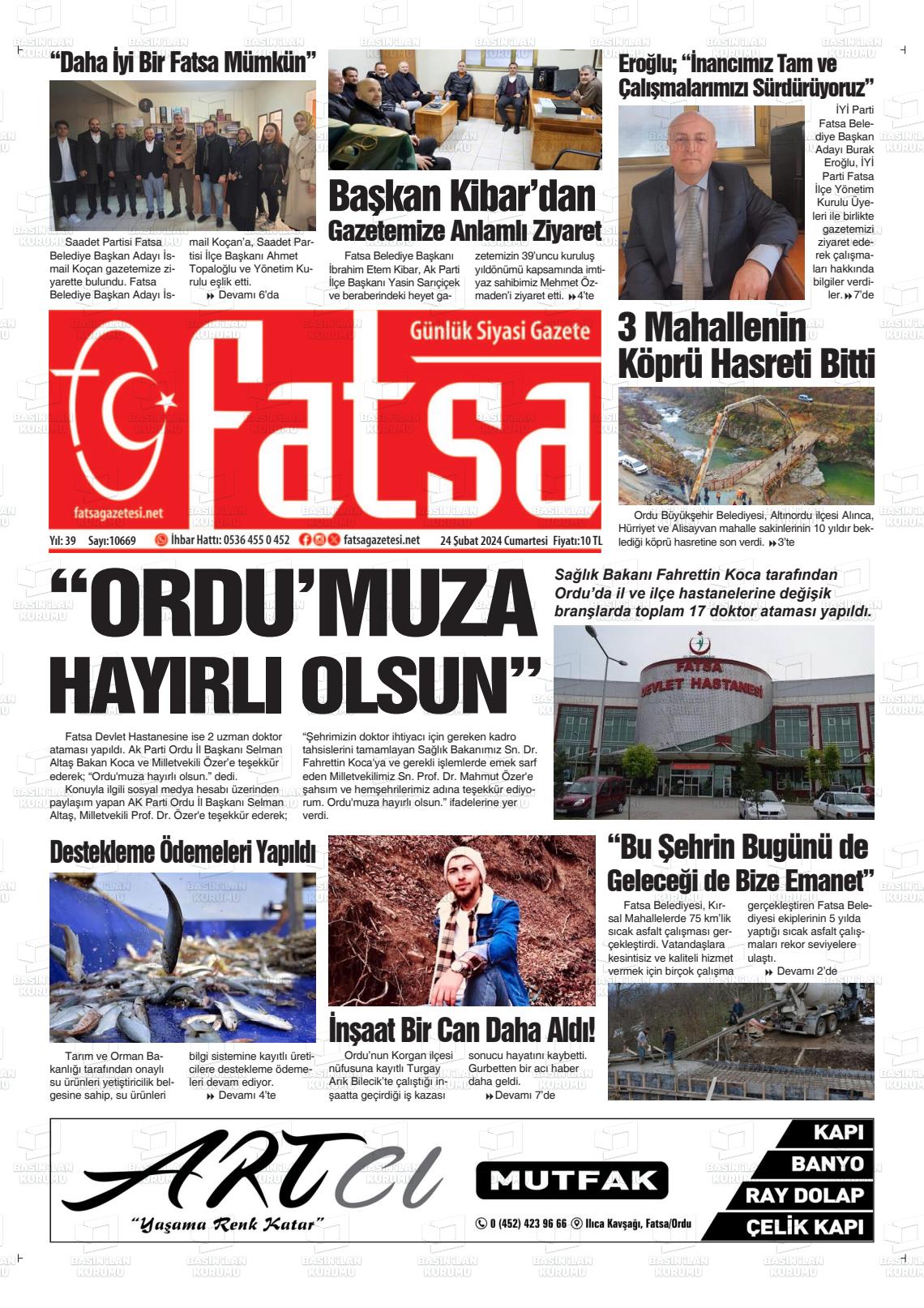 24 Şubat 2024 Fatsa Gazete Manşeti