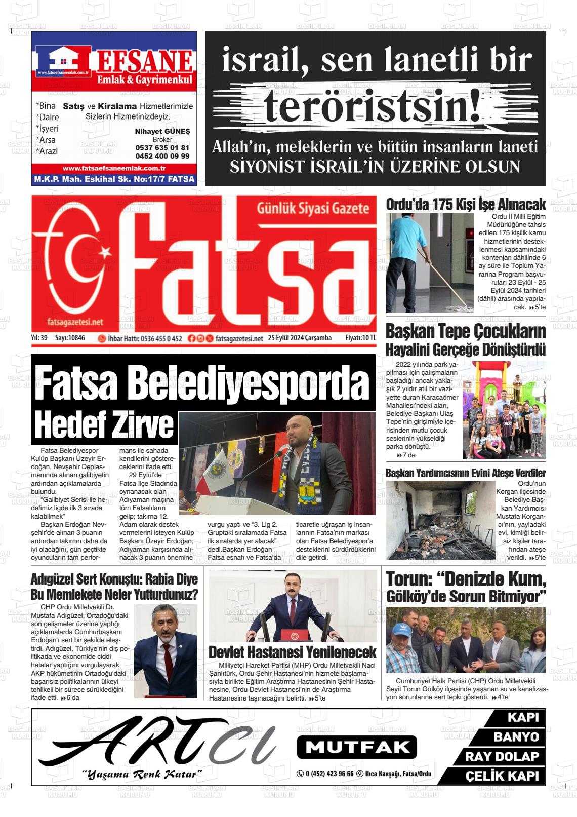 25 Eylül 2024 Fatsa Gazete Manşeti