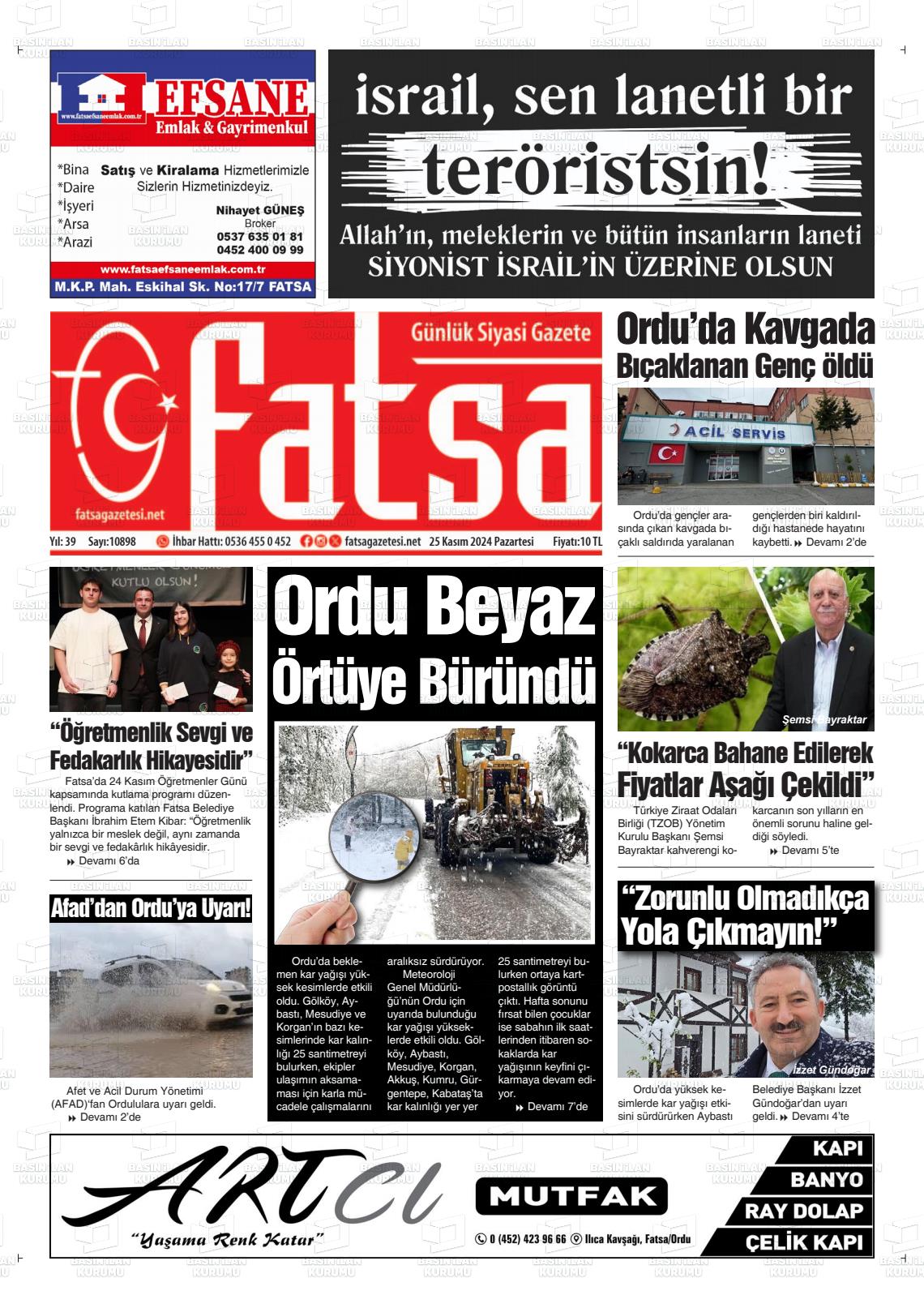 25 Kasım 2024 Fatsa Gazete Manşeti