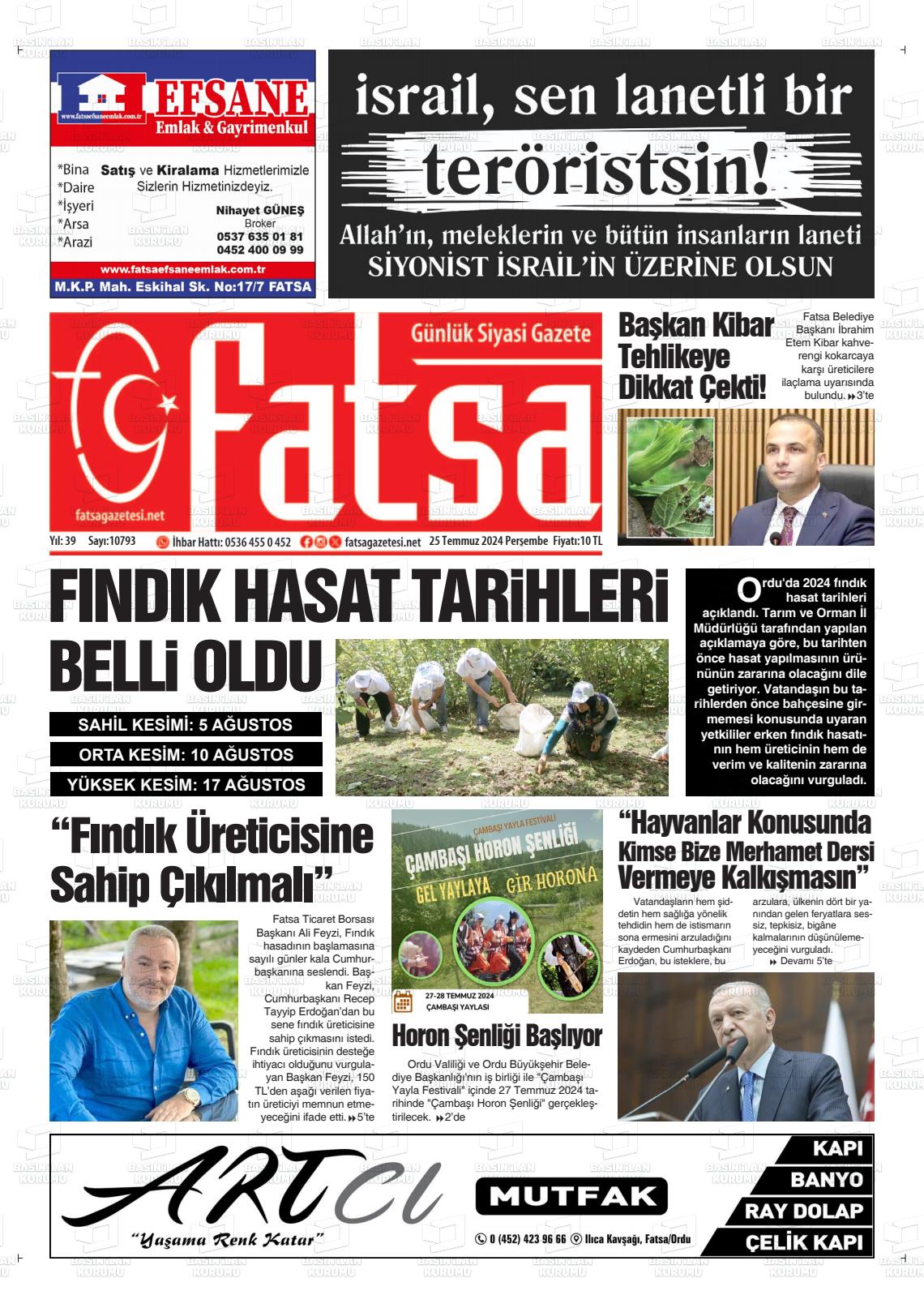 25 Temmuz 2024 Fatsa Gazete Manşeti