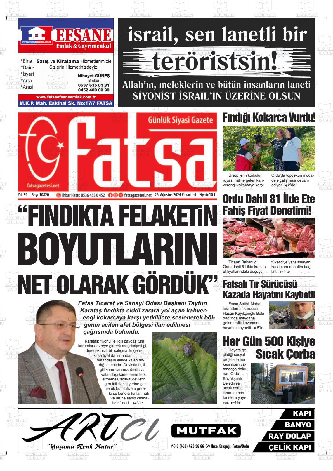 26 Ağustos 2024 Fatsa Gazete Manşeti