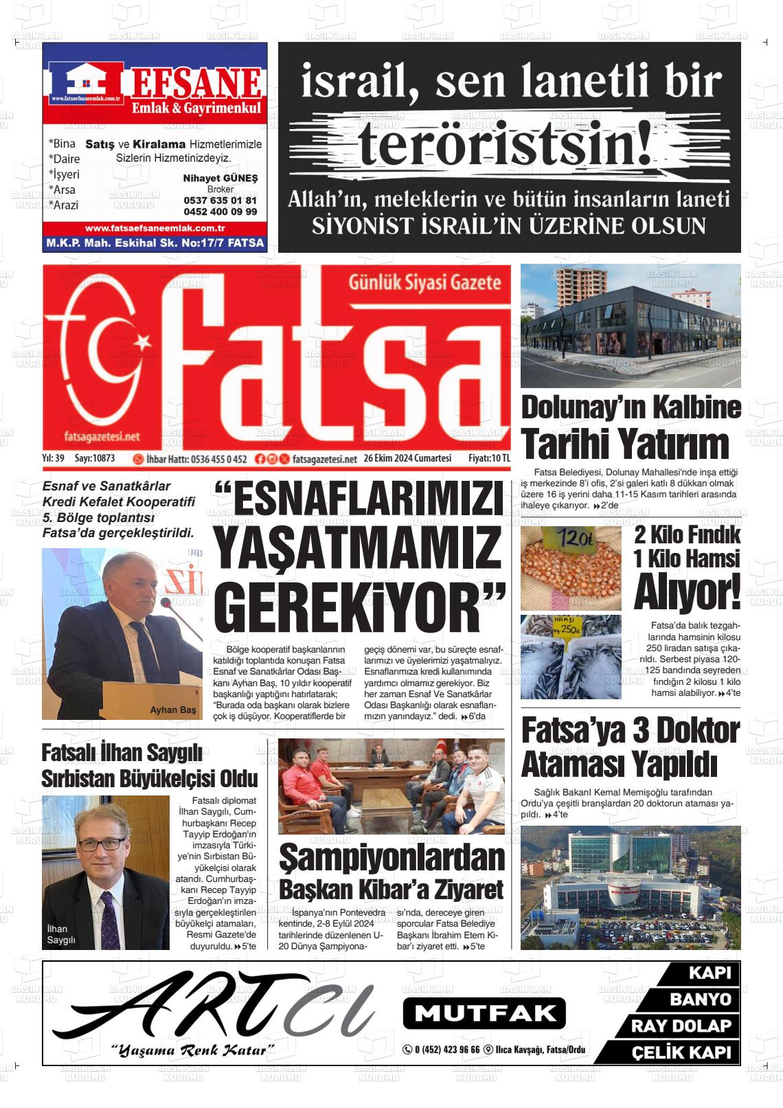 26 Ekim 2024 Fatsa Gazete Manşeti