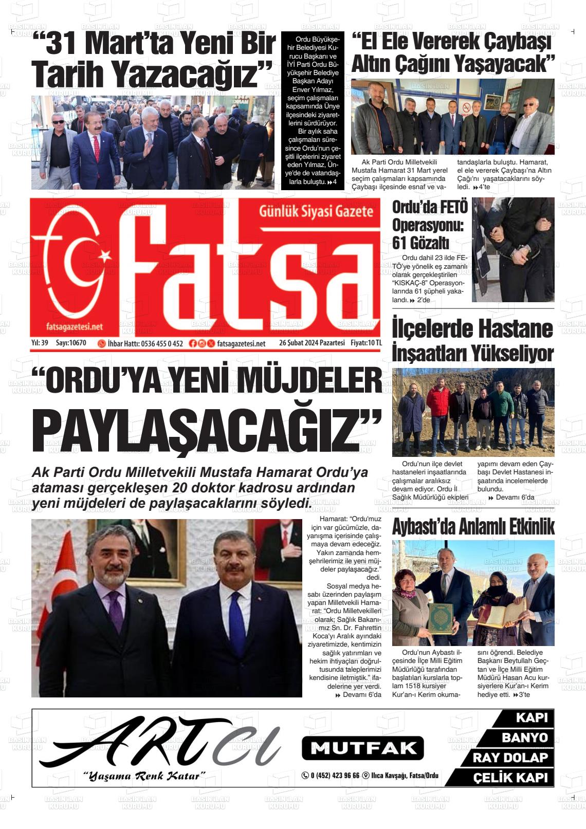 26 Şubat 2024 Fatsa Gazete Manşeti