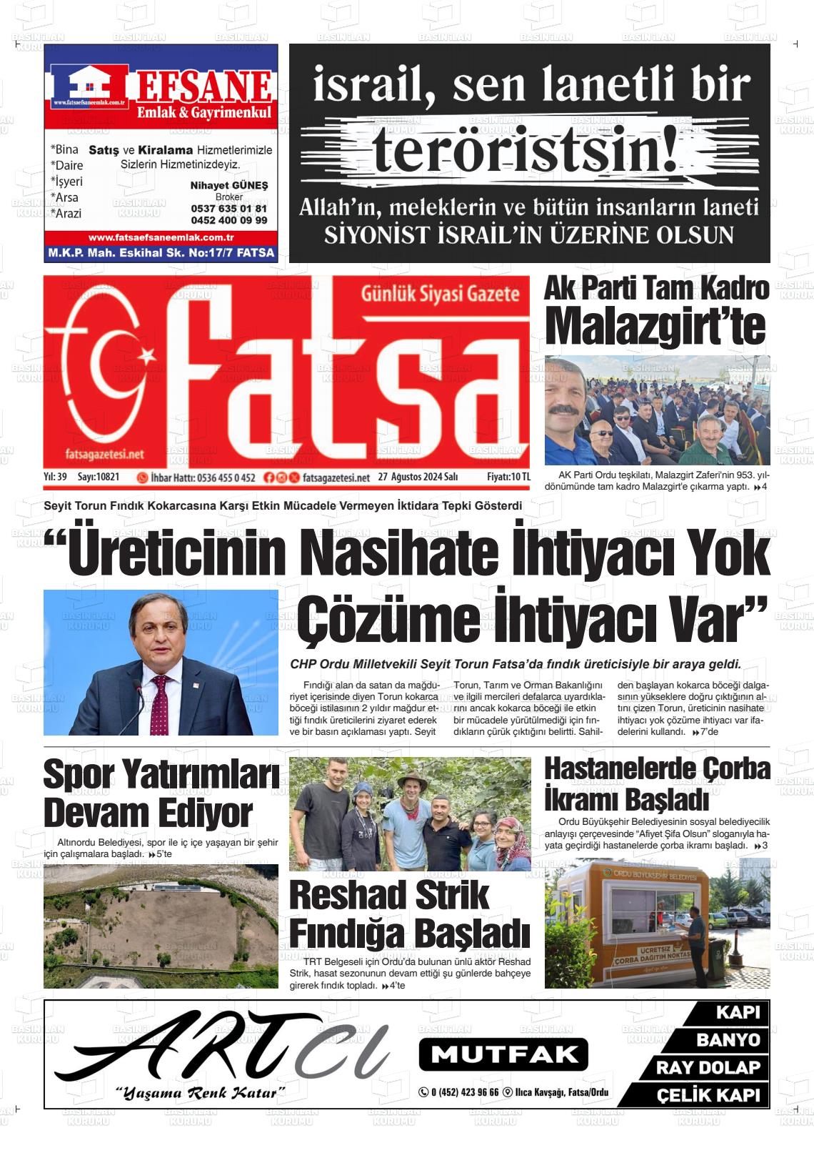 27 Ağustos 2024 Fatsa Gazete Manşeti