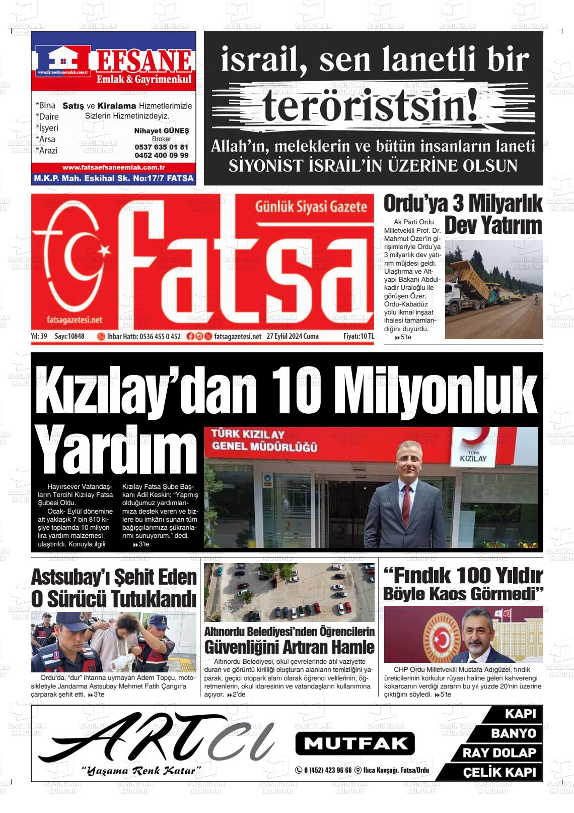 27 Eylül 2024 Fatsa Gazete Manşeti